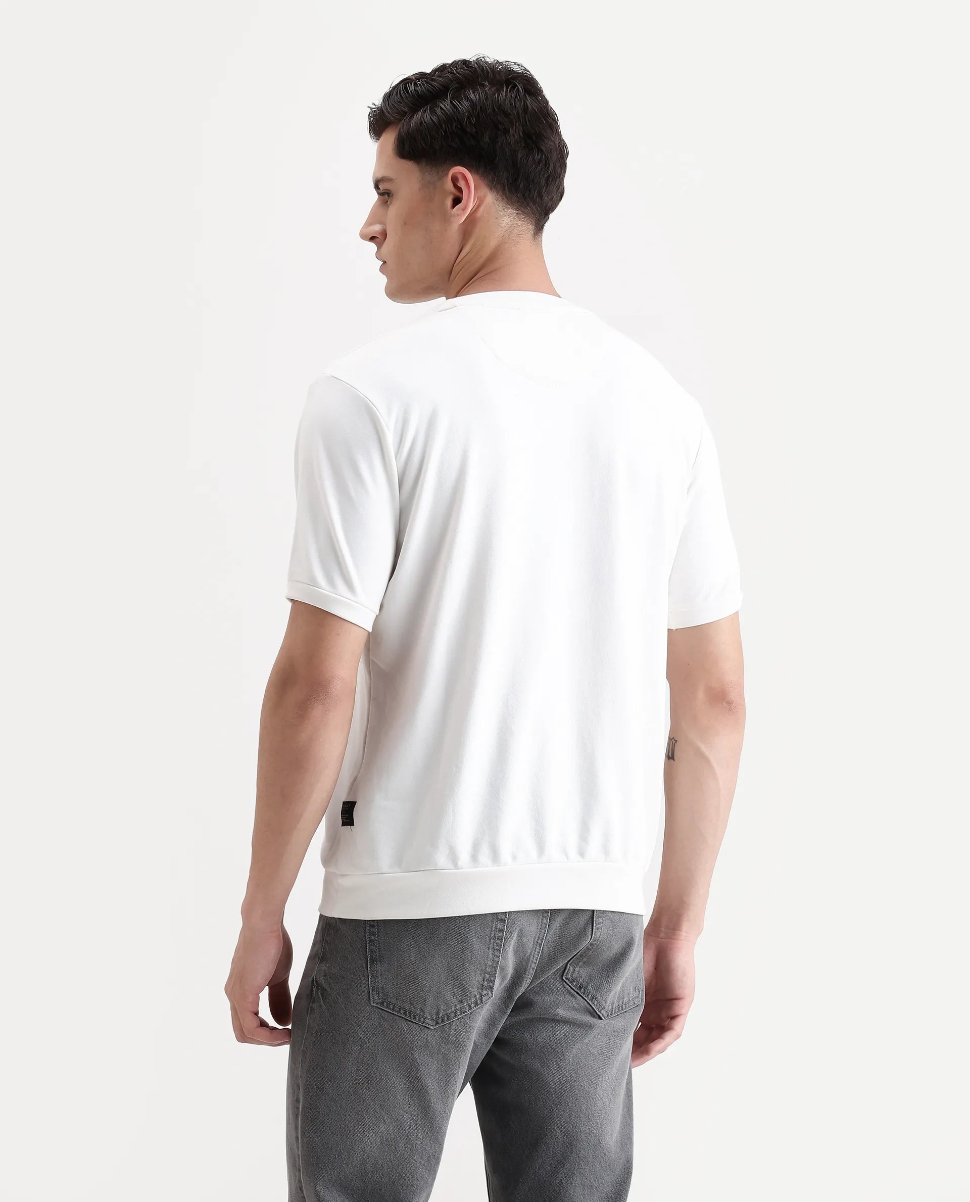 Rare Rabbit Men's Nor2 Off White Cotton Blend Embroidered Oversized Fit Half Sleeve Crew Neck T-Shirt