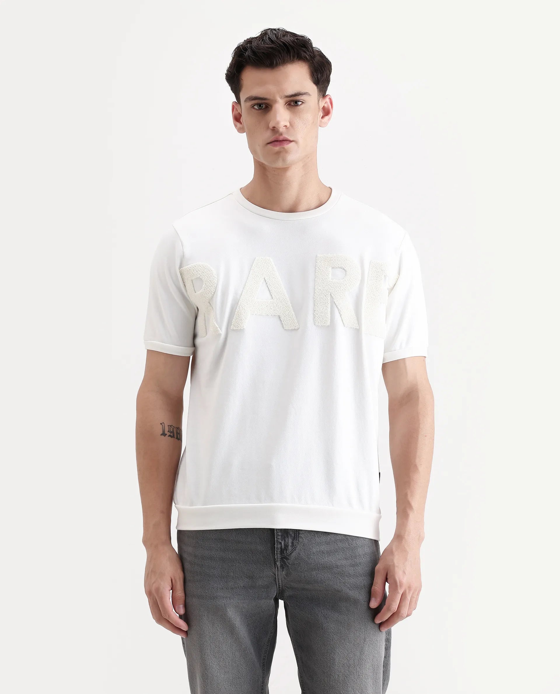 Rare Rabbit Men's Nor2 Off White Cotton Blend Embroidered Oversized Fit Half Sleeve Crew Neck T-Shirt