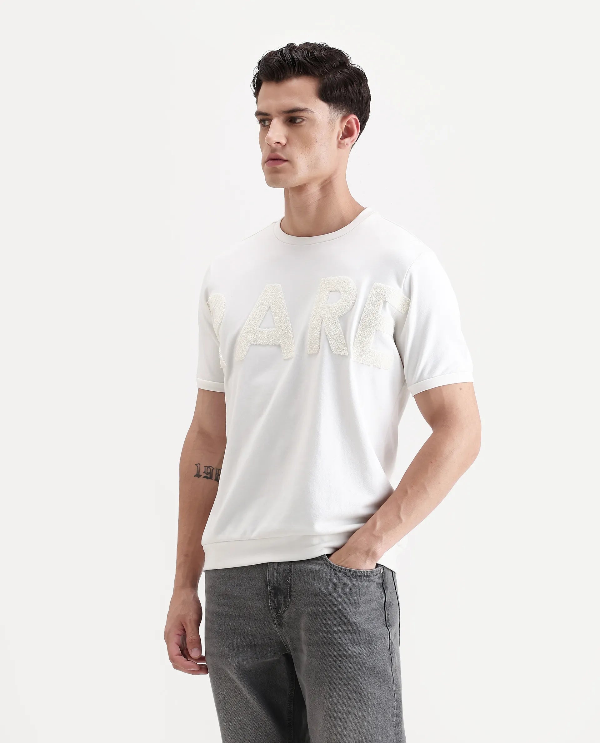 Rare Rabbit Men's Nor2 Off White Cotton Blend Embroidered Oversized Fit Half Sleeve Crew Neck T-Shirt