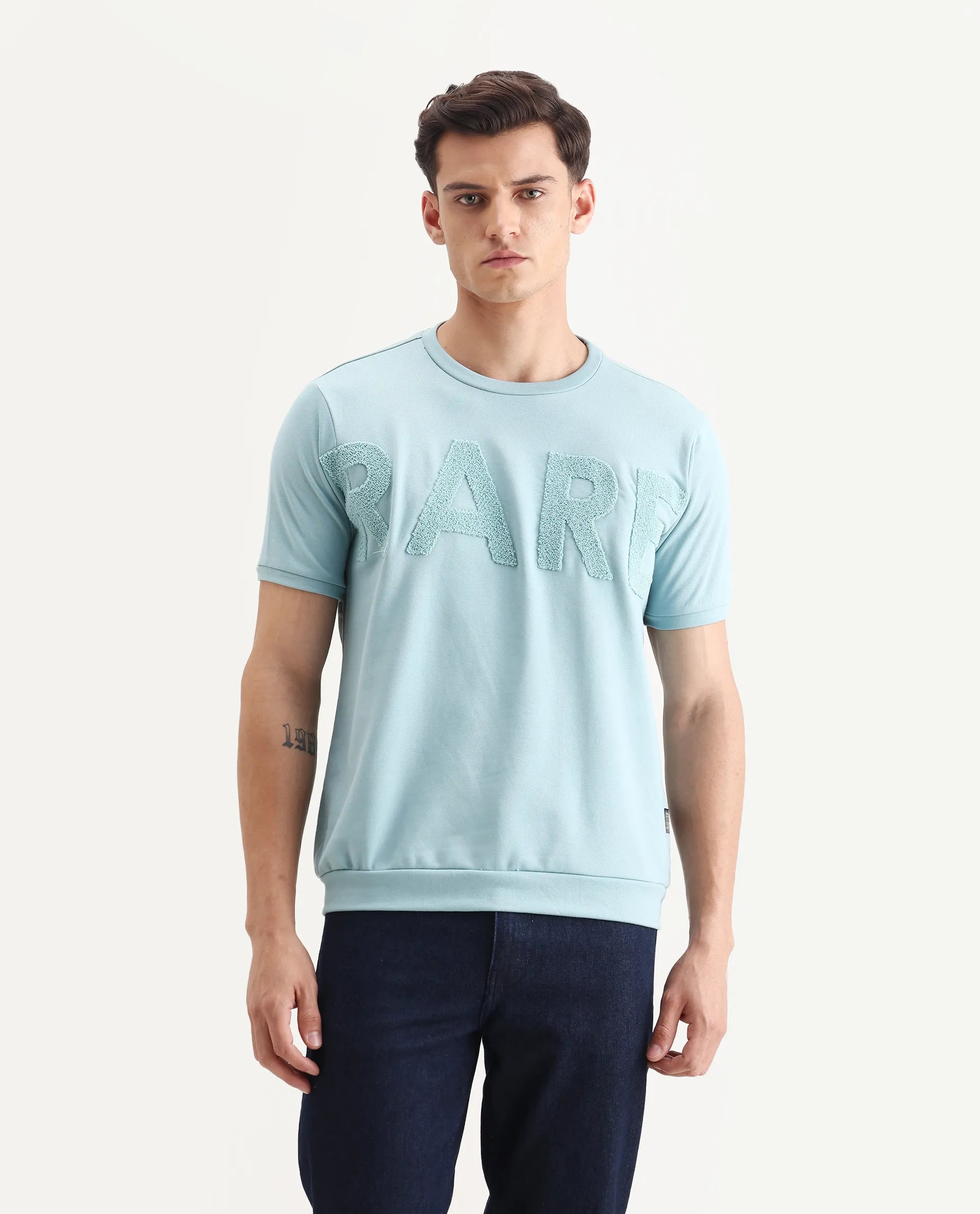 Rare Rabbit Men's Nor-3 Dusky Turq Cotton Blend Embroidered Oversized Fit Half Sleeve Crew Neck T-Shirt