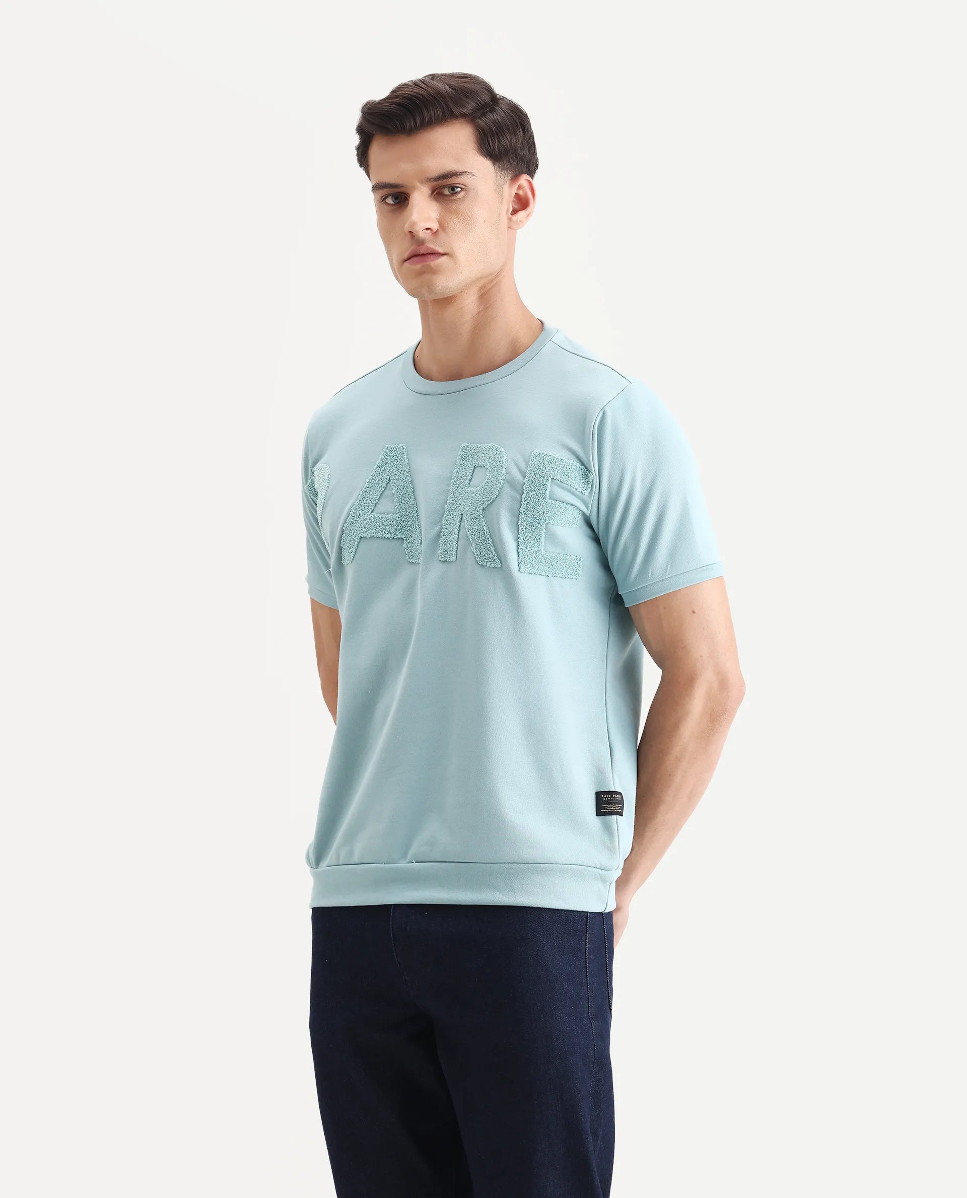 Rare Rabbit Men's Nor-3 Dusky Turq Cotton Blend Embroidered Oversized Fit Half Sleeve Crew Neck T-Shirt