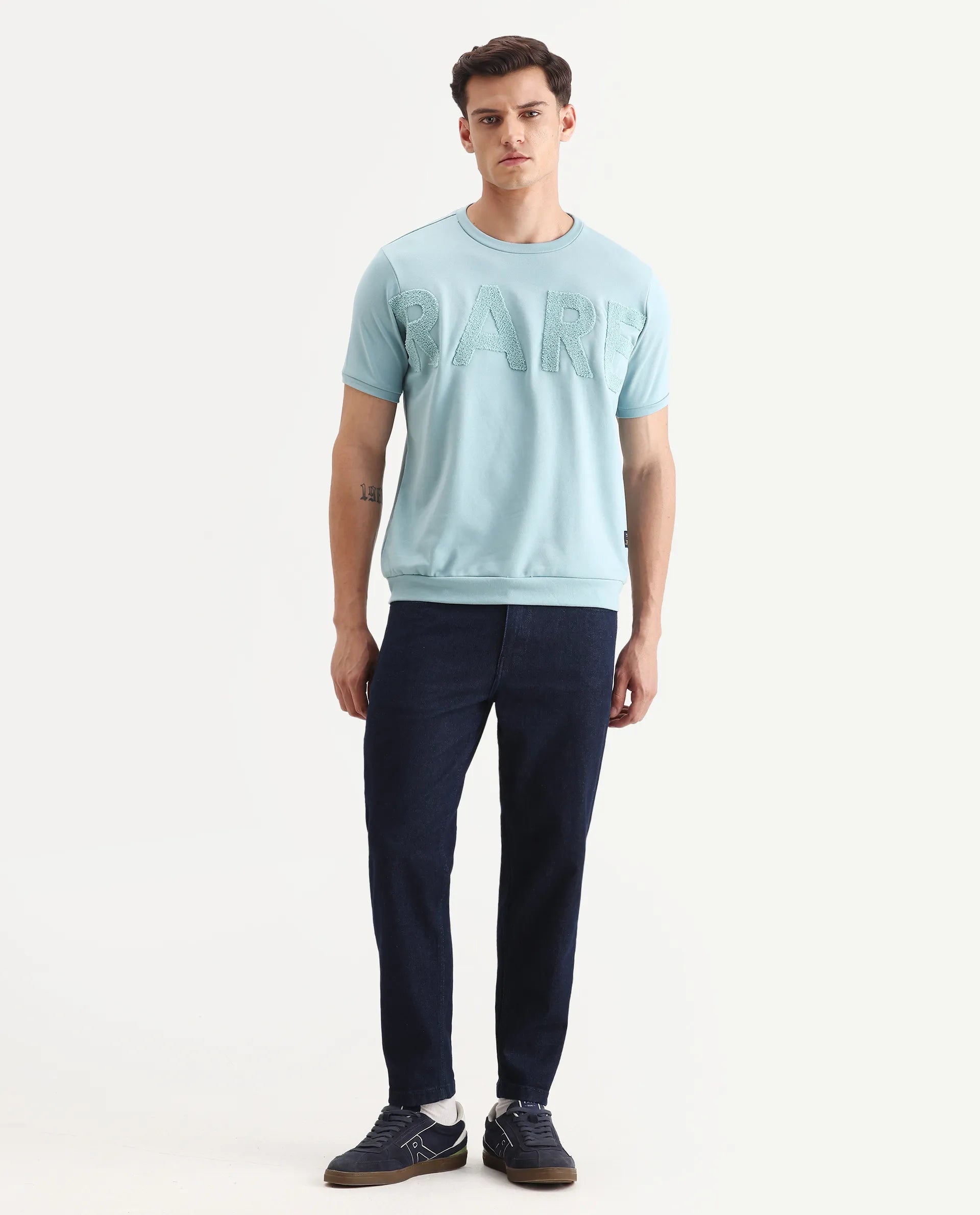 Rare Rabbit Men's Nor-3 Dusky Turq Cotton Blend Embroidered Oversized Fit Half Sleeve Crew Neck T-Shirt