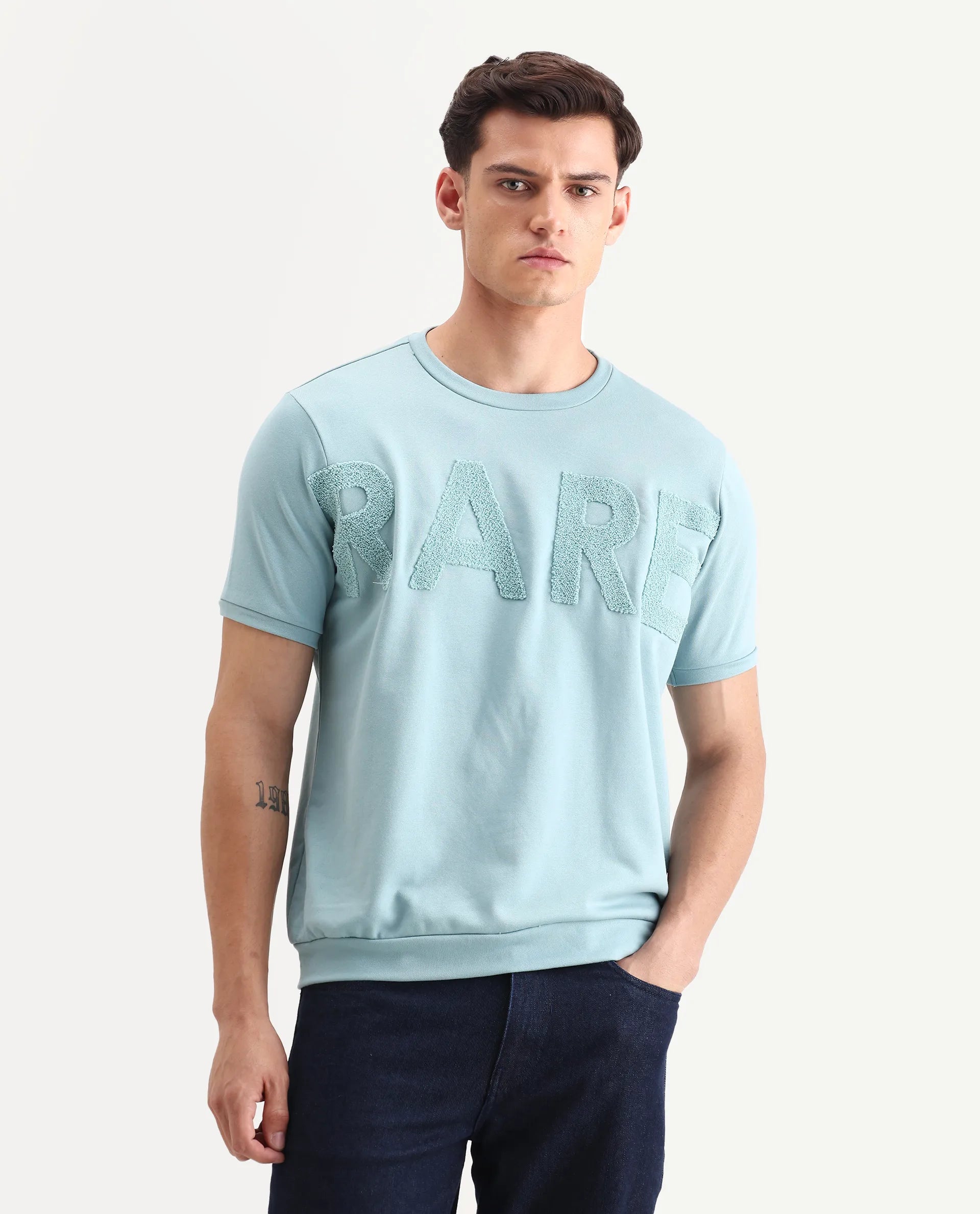 Rare Rabbit Men's Nor-3 Dusky Turq Cotton Blend Embroidered Oversized Fit Half Sleeve Crew Neck T-Shirt