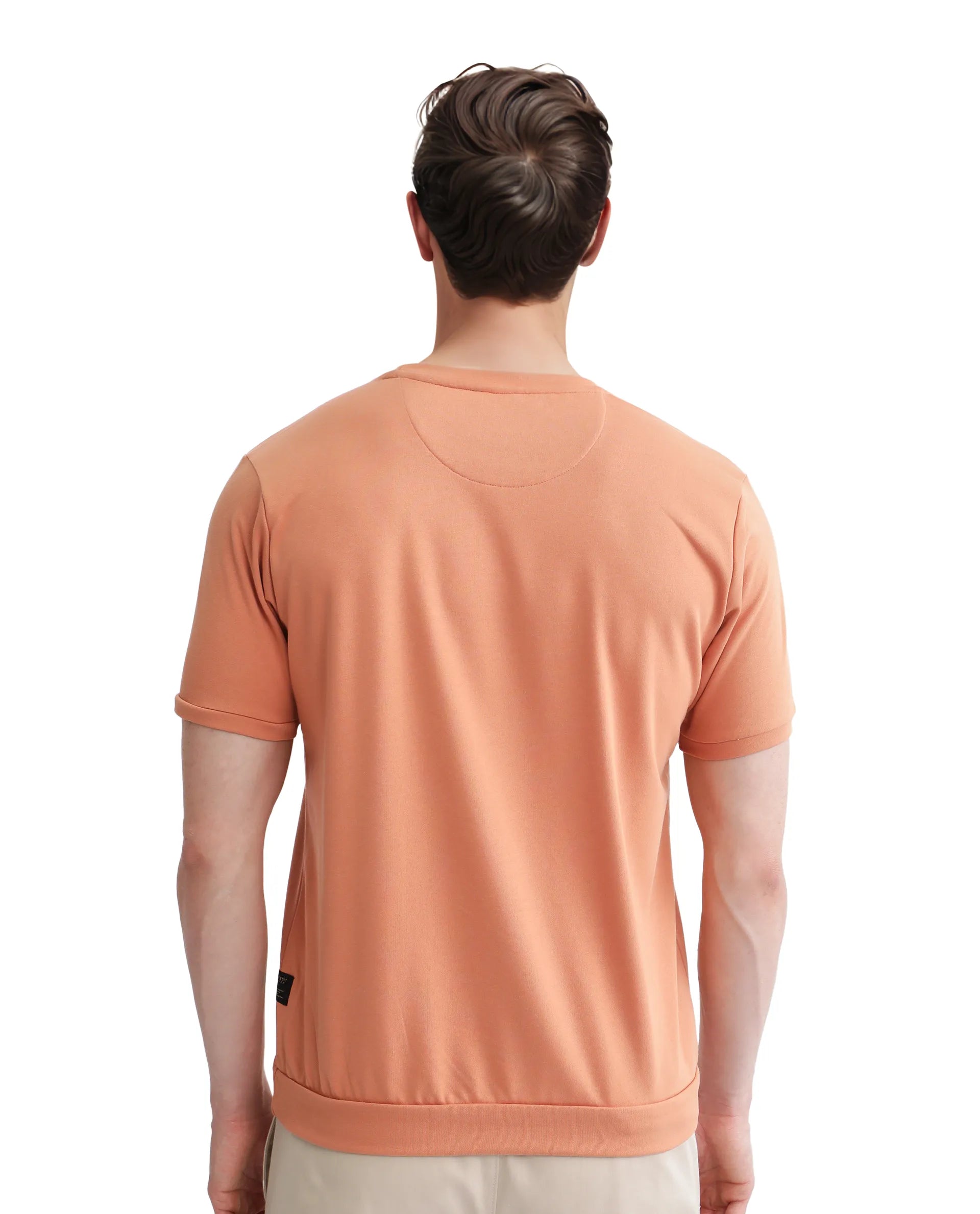 Rare Rabbit Men Nor-3 Dusky Orange Cotton Poly Fabric Short Sleeves Crew Neck Oversized Fit Embroidered T-Shirt