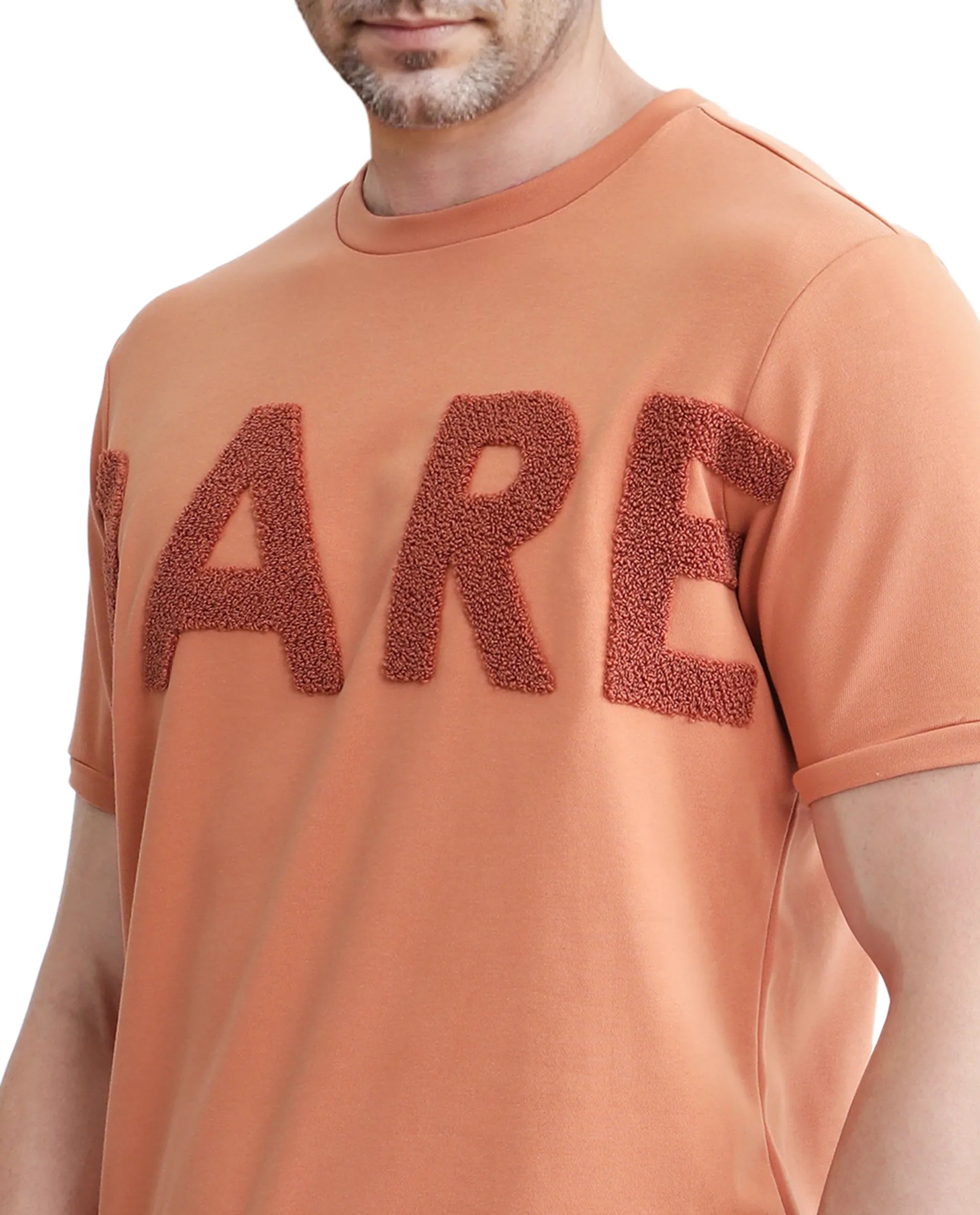 Rare Rabbit Men Nor-3 Dusky Orange Cotton Poly Fabric Short Sleeves Crew Neck Oversized Fit Embroidered T-Shirt