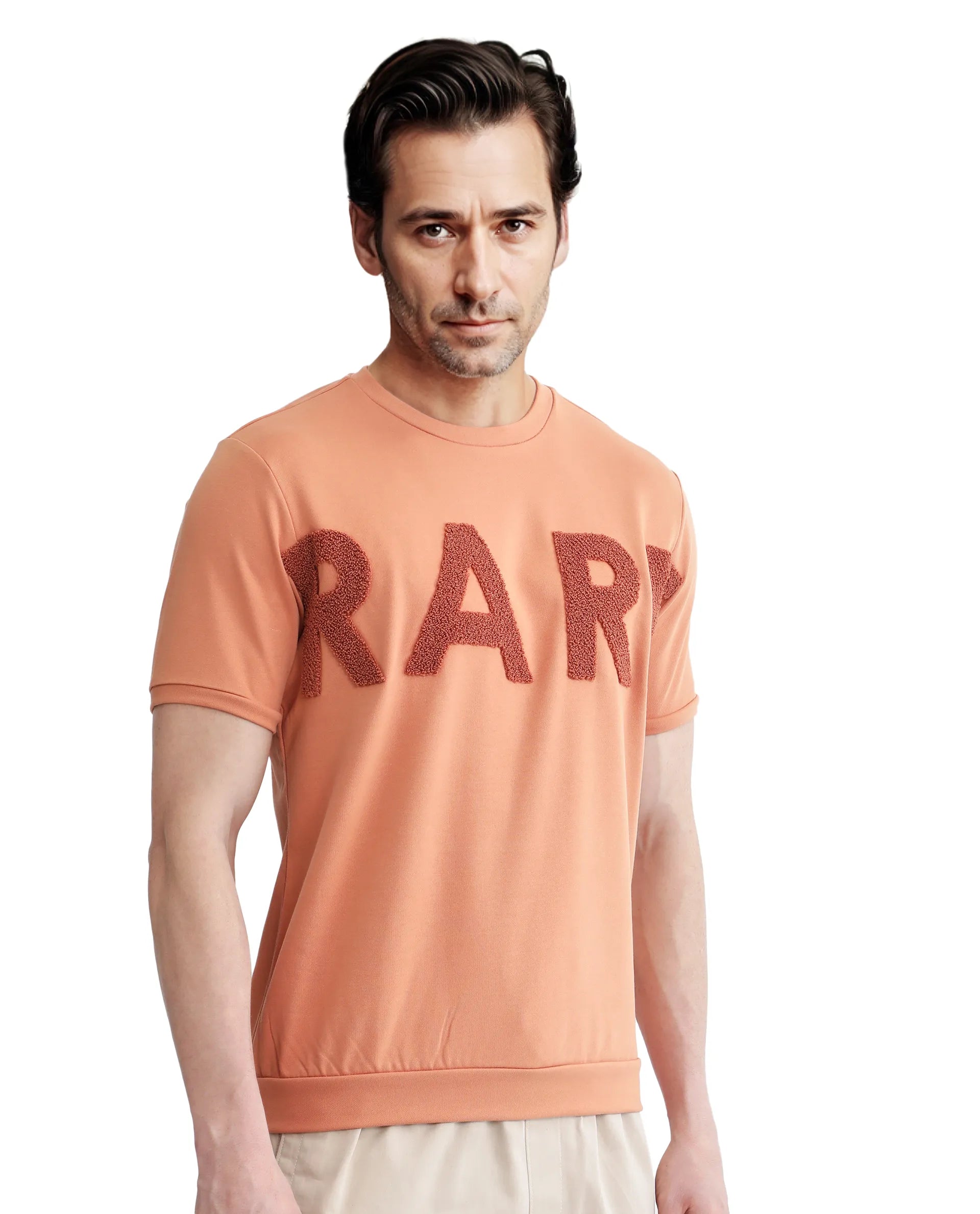 Rare Rabbit Men Nor-3 Dusky Orange Cotton Poly Fabric Short Sleeves Crew Neck Oversized Fit Embroidered T-Shirt