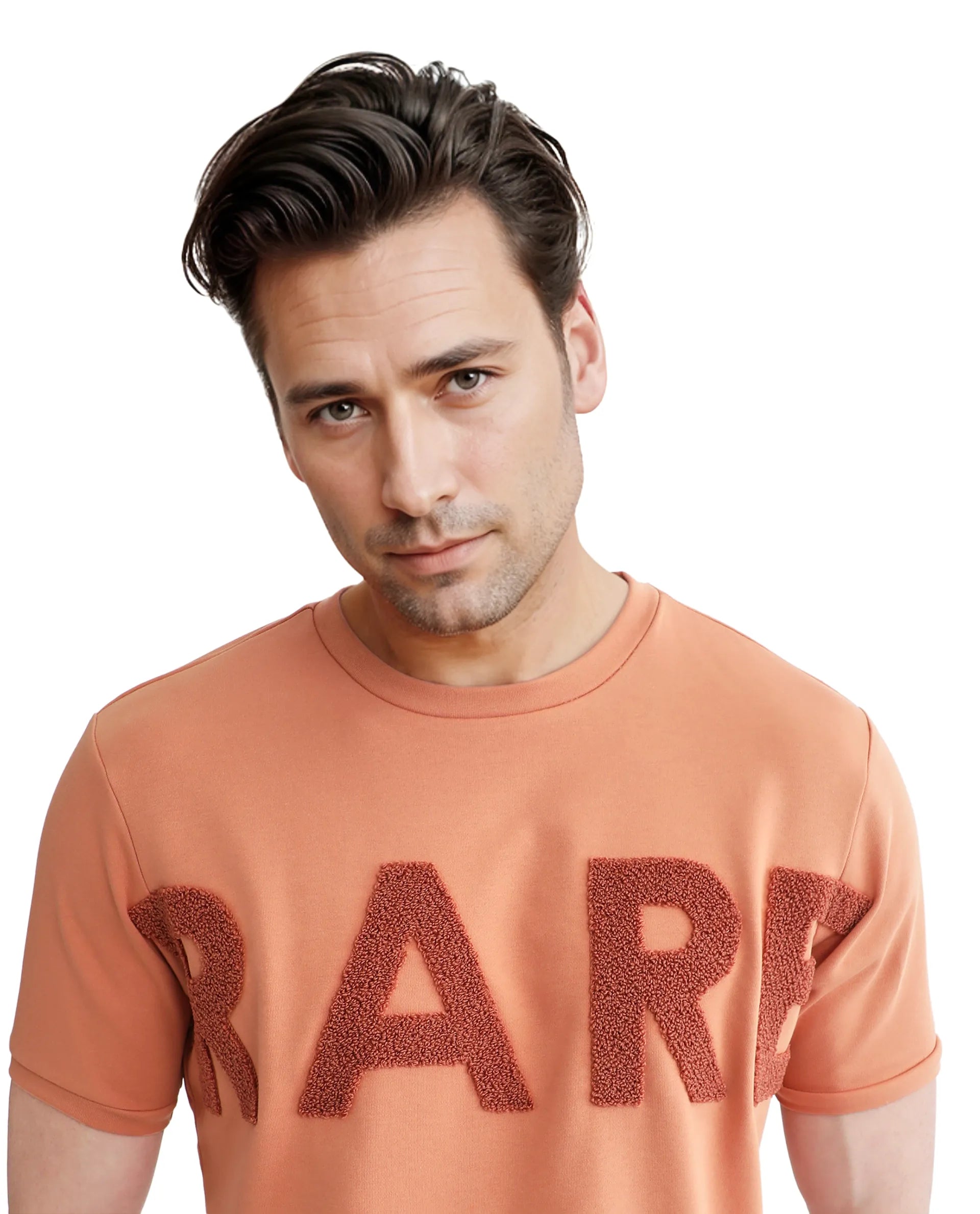 Rare Rabbit Men Nor-3 Dusky Orange Cotton Poly Fabric Short Sleeves Crew Neck Oversized Fit Embroidered T-Shirt