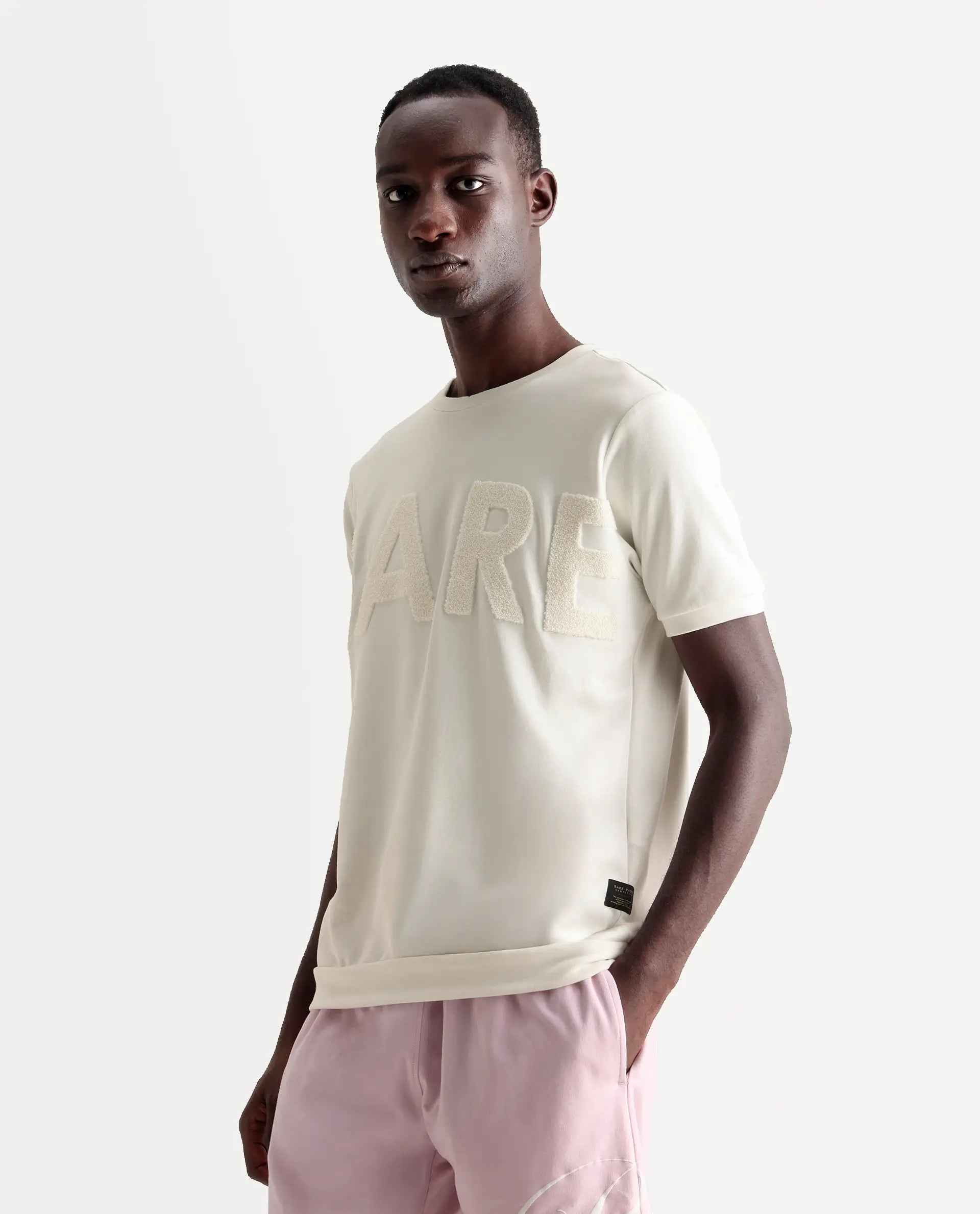 Rare Rabbit Men's Nor-3 Off White Cotton Blend Embroidered Oversized Fit Half Sleeve Crew Neck T-Shirt