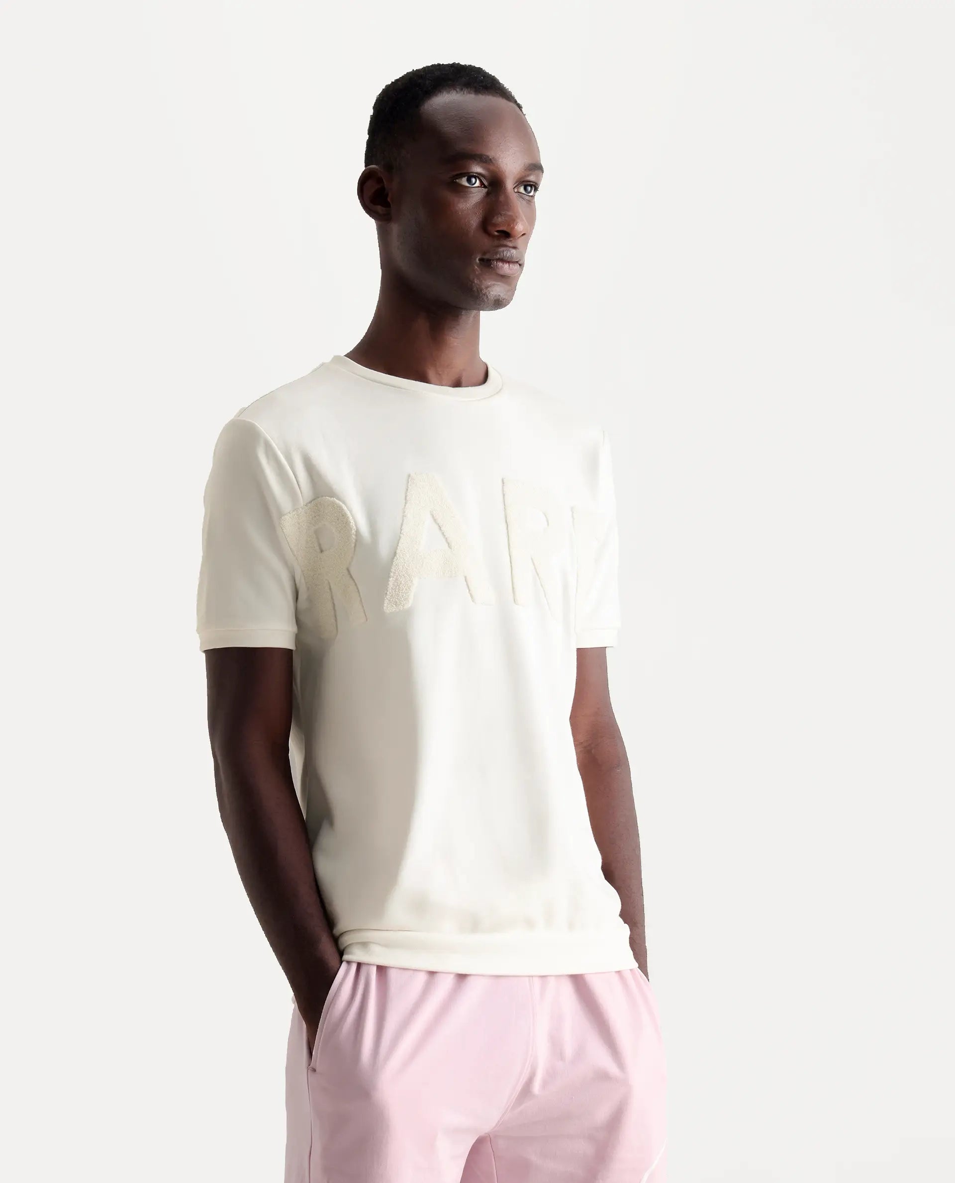 Rare Rabbit Men's Nor-3 Off White Cotton Blend Embroidered Oversized Fit Half Sleeve Crew Neck T-Shirt