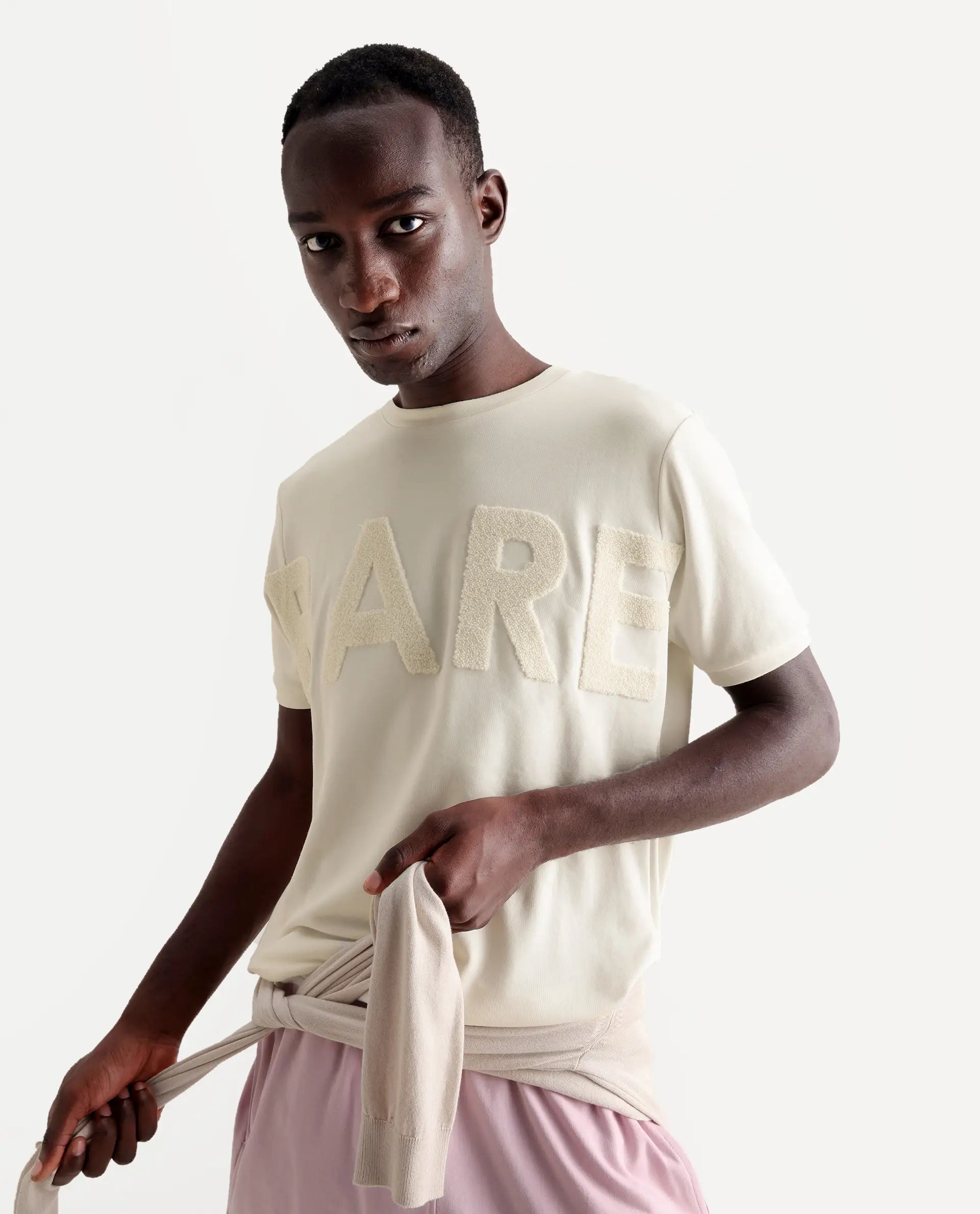 Rare Rabbit Men's Nor-3 Off White Cotton Blend Embroidered Oversized Fit Half Sleeve Crew Neck T-Shirt