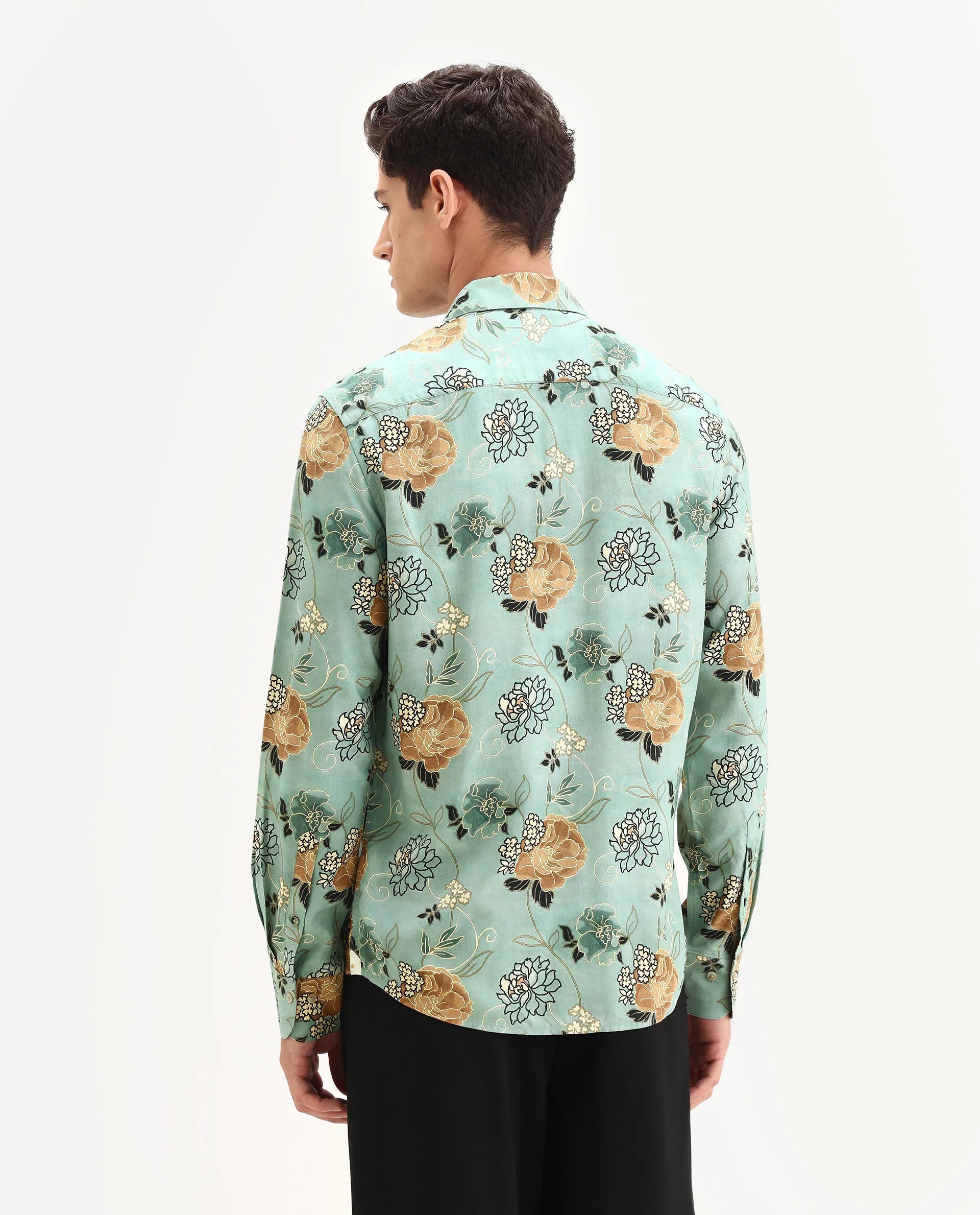 Rare Rabbit Men's Nord-25 Dusky Green Viscose Blend Fabric Spread Collar Regular Fit Floral Print Shirt