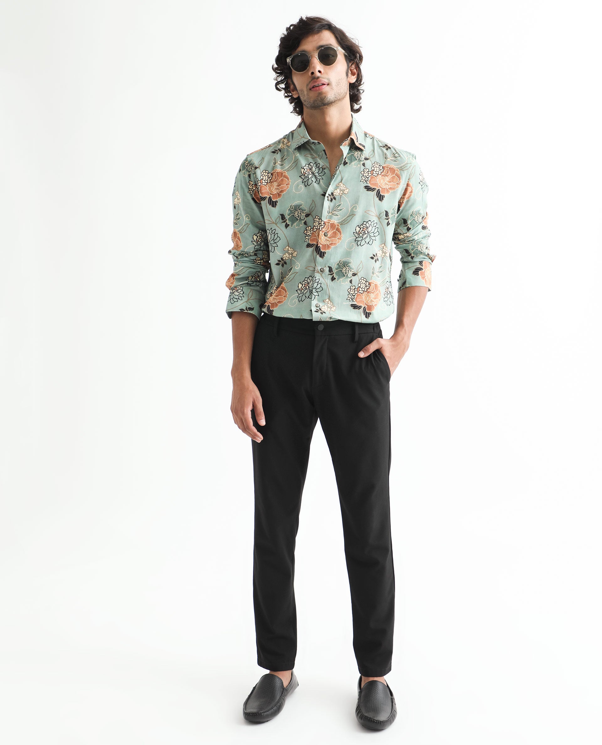 Rare Rabbit Men's Nord Light Green Cotton Viscose Fabric Floral Print Full Sleeves Shirt