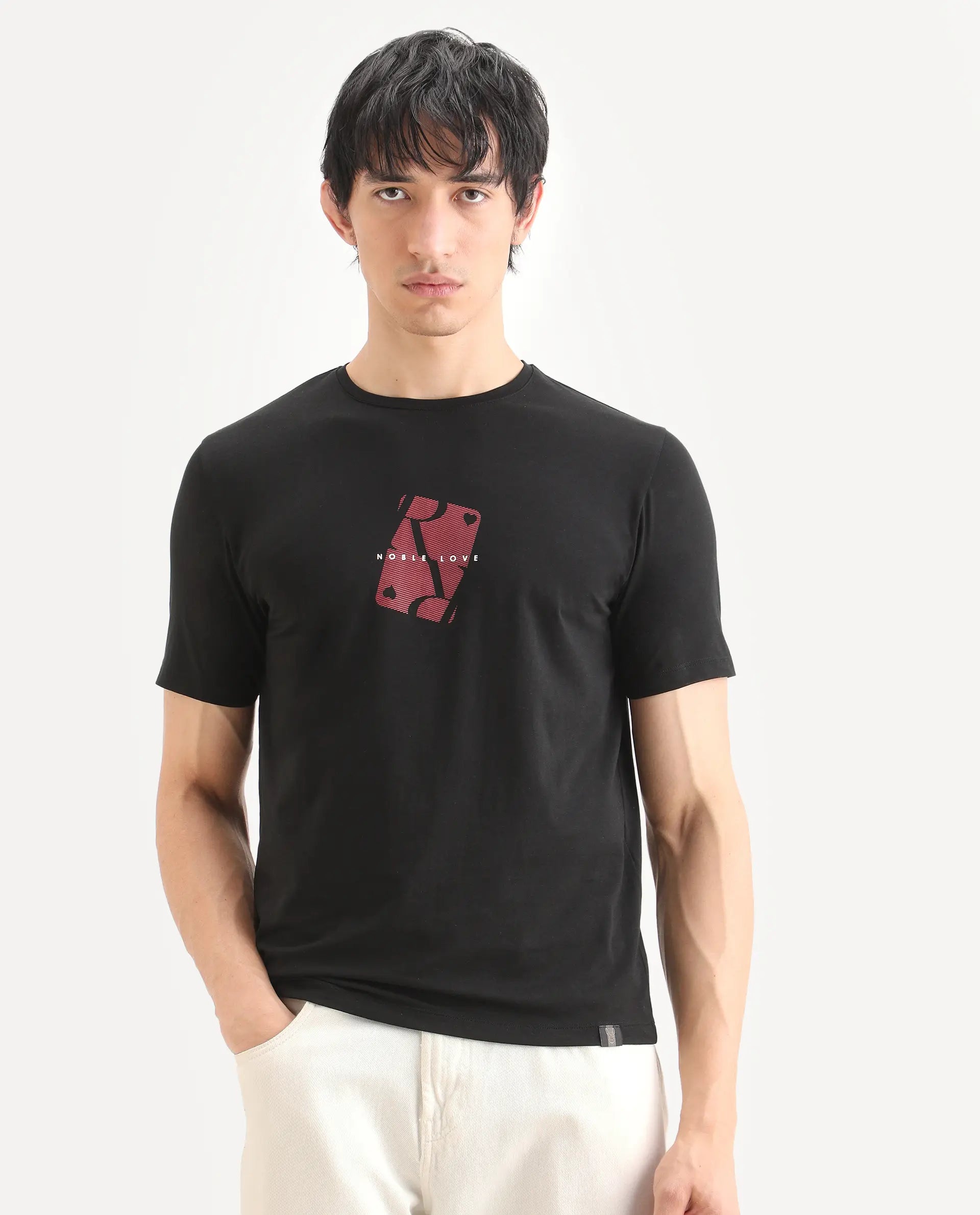 Rare Rabbit Men's Nord Black Cotton Blend Fabric Half Sleeve Crew Neck Regular Fit Graphic Print T-Shirt