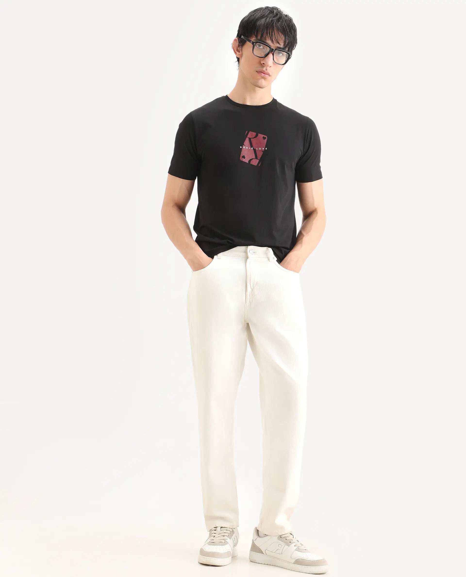 Rare Rabbit Men's Nord Black Cotton Blend Fabric Half Sleeve Crew Neck Regular Fit Graphic Print T-Shirt