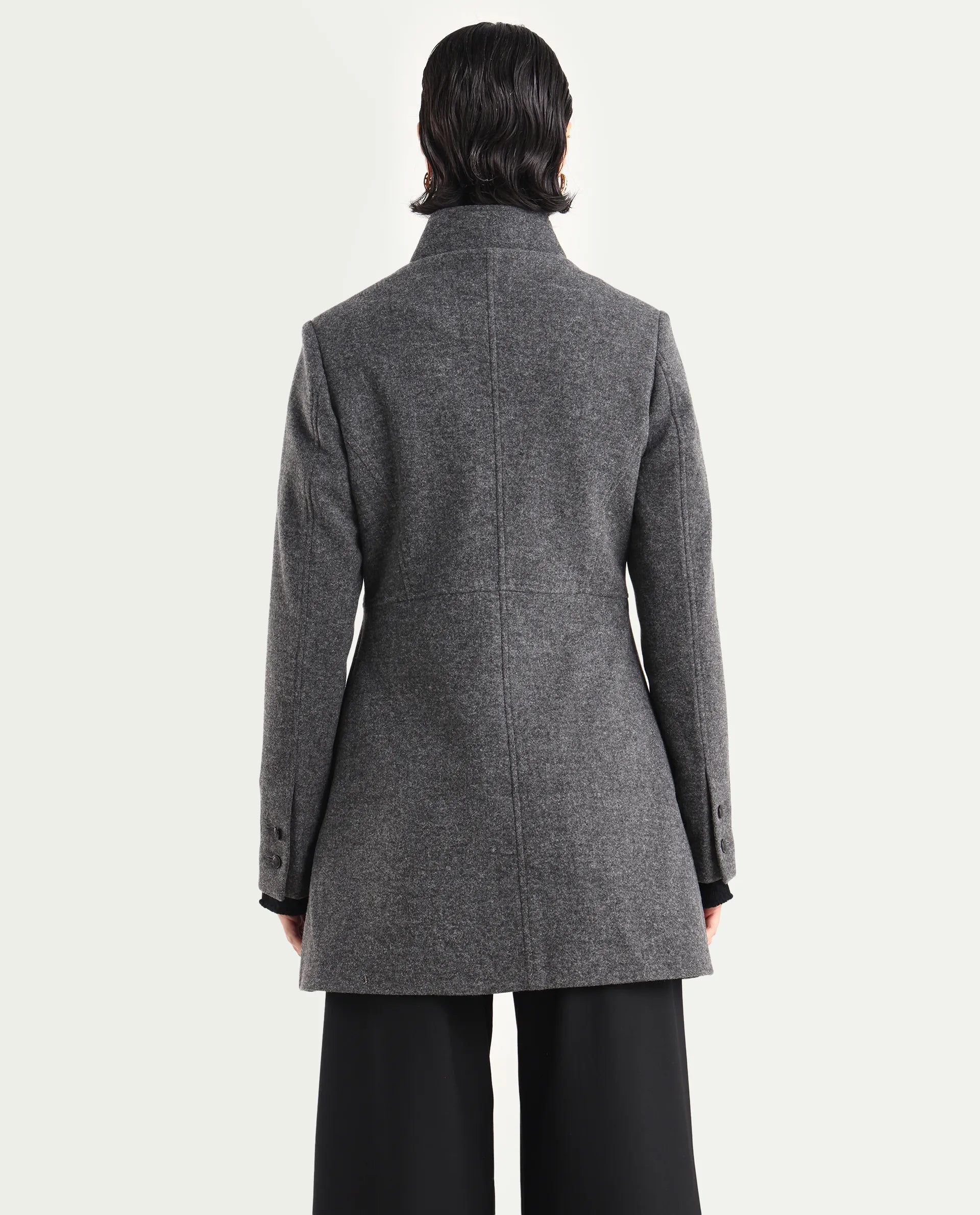 Rareism Women's Norint Dark Grey Polyester Blend Mandarin Collar Fitted Coat
