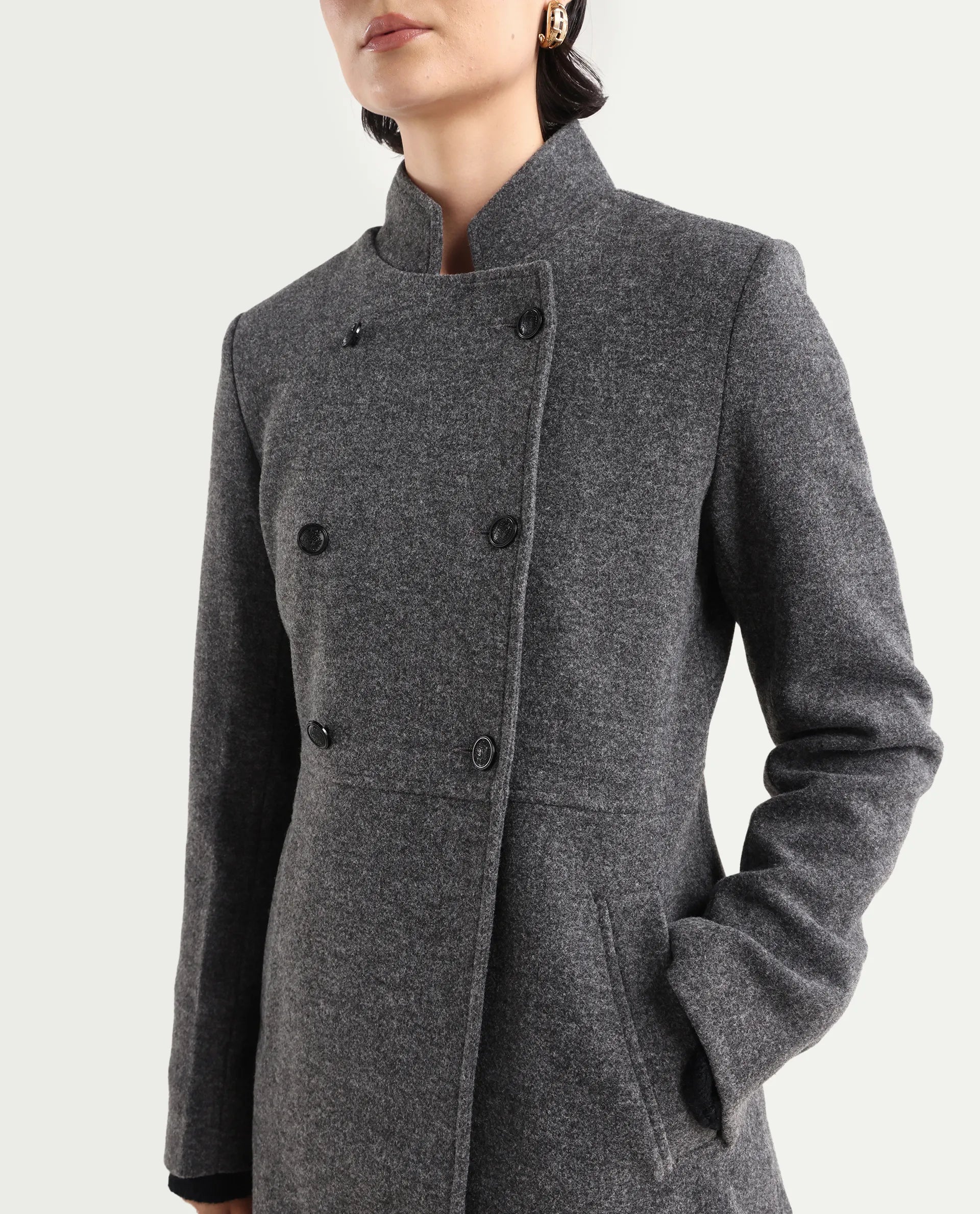 Rareism Women's Norint Dark Grey Polyester Blend Mandarin Collar Fitted Coat