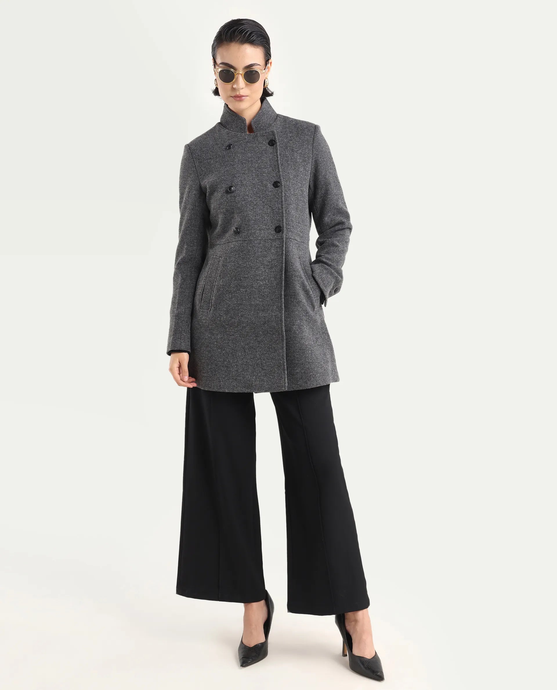 Rareism Women's Norint Dark Grey Polyester Blend Mandarin Collar Fitted Coat