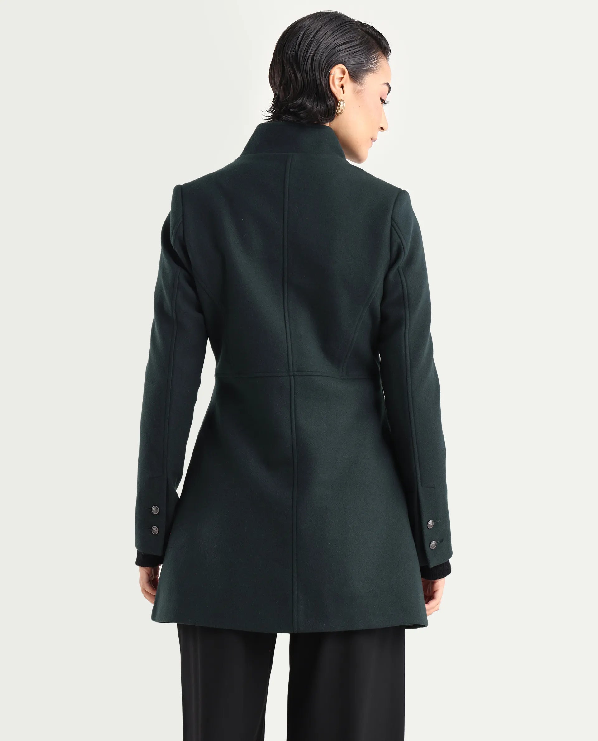 Rareism Women's Norint Dark Teal Polyester Blend Mandarin Collar Fitted Coat