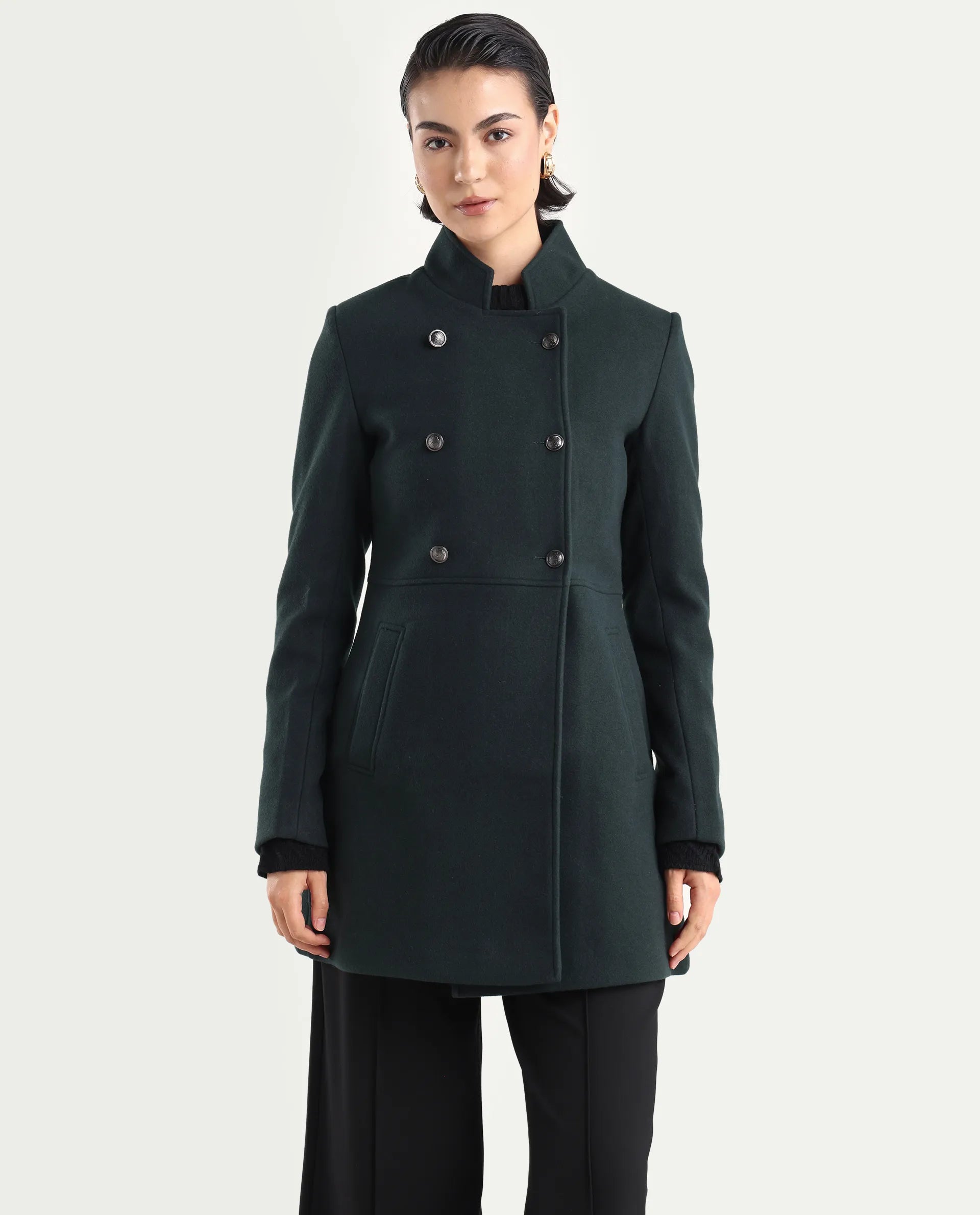 Rareism Women's Norint Dark Teal Polyester Blend Mandarin Collar Fitted Coat