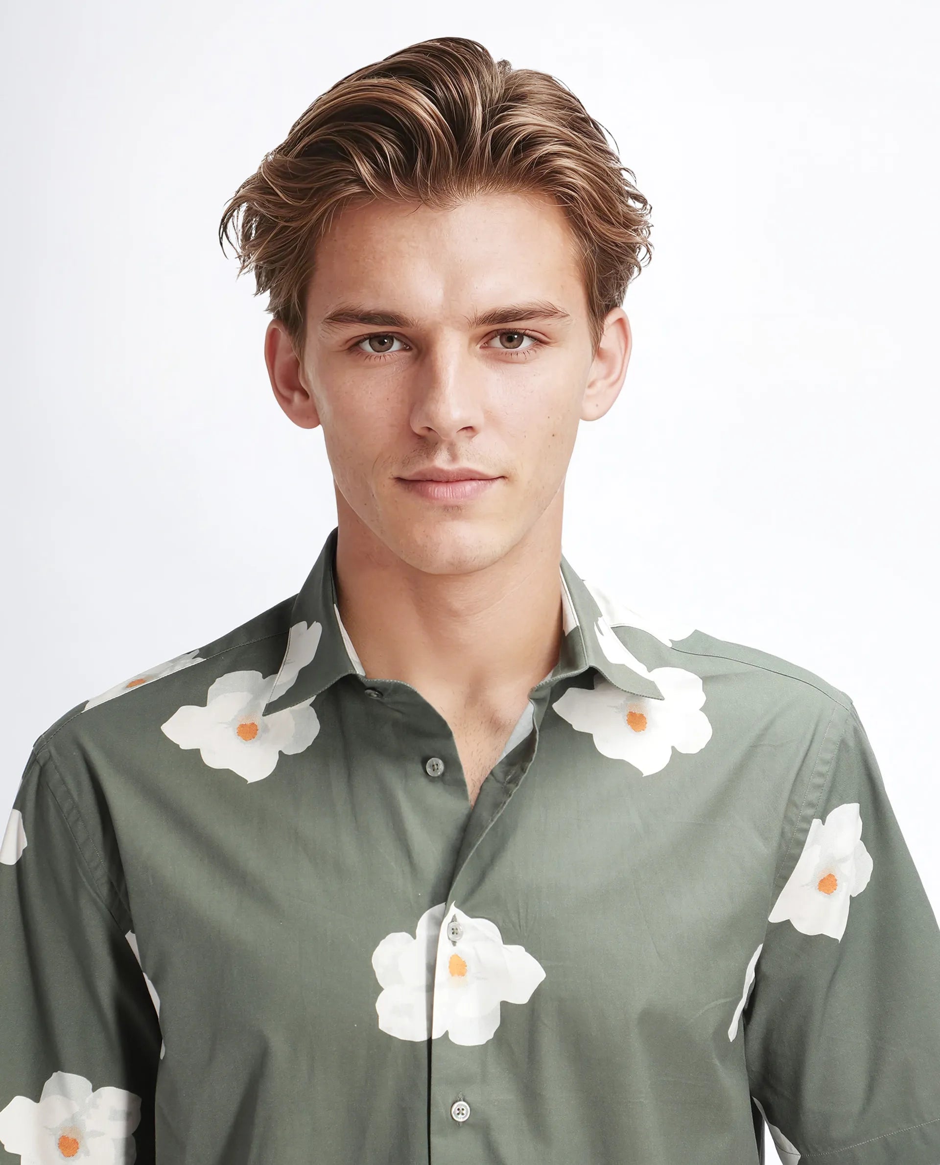 Rare Rabbit Men's Nort Olive Cotton Floral Print Regular Fit Half Sleeve Collared Shirt