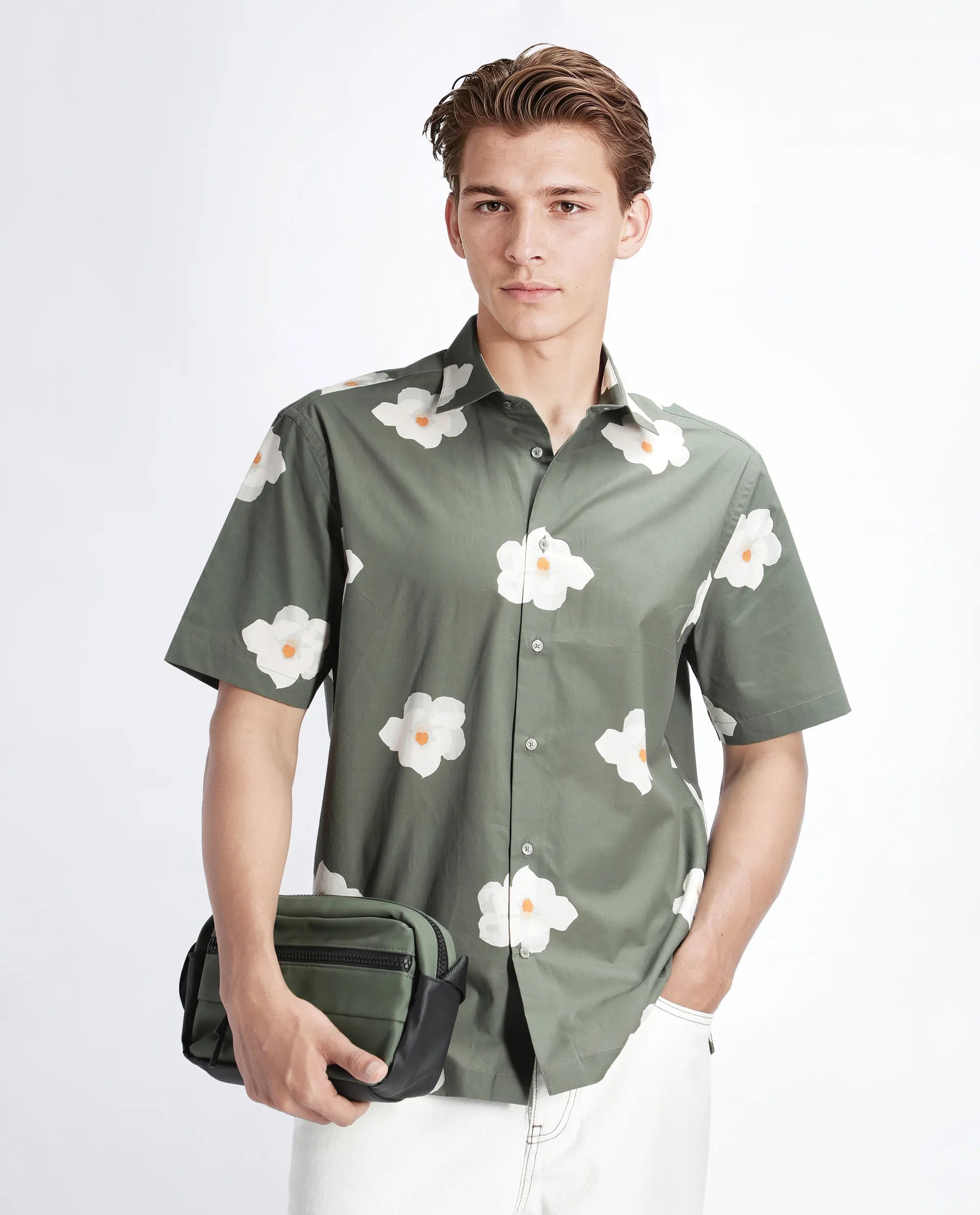 Rare Rabbit Men's Nort Olive Cotton Floral Print Regular Fit Half Sleeve Collared Shirt