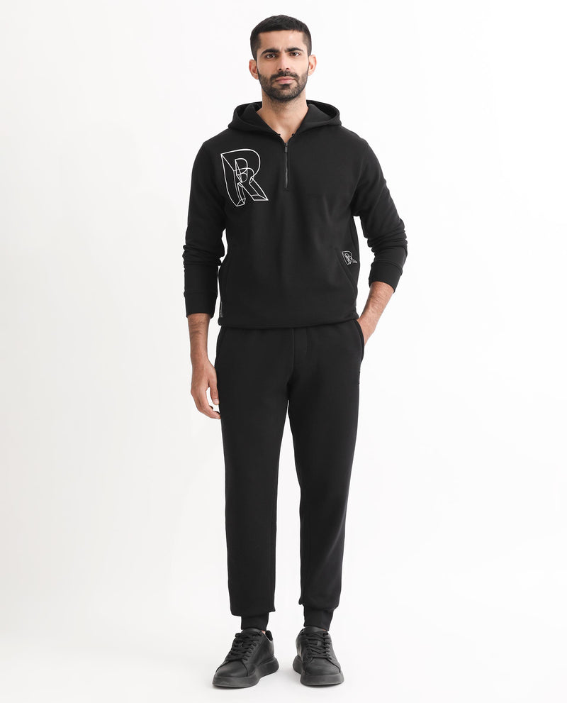 RARE RABBIT MENS NORWAY BLACK TRACK PANT COTTON POLYESTER FABRIC MID RISE KNITTED DRAW STRING CLOSURE REGULAR FIT