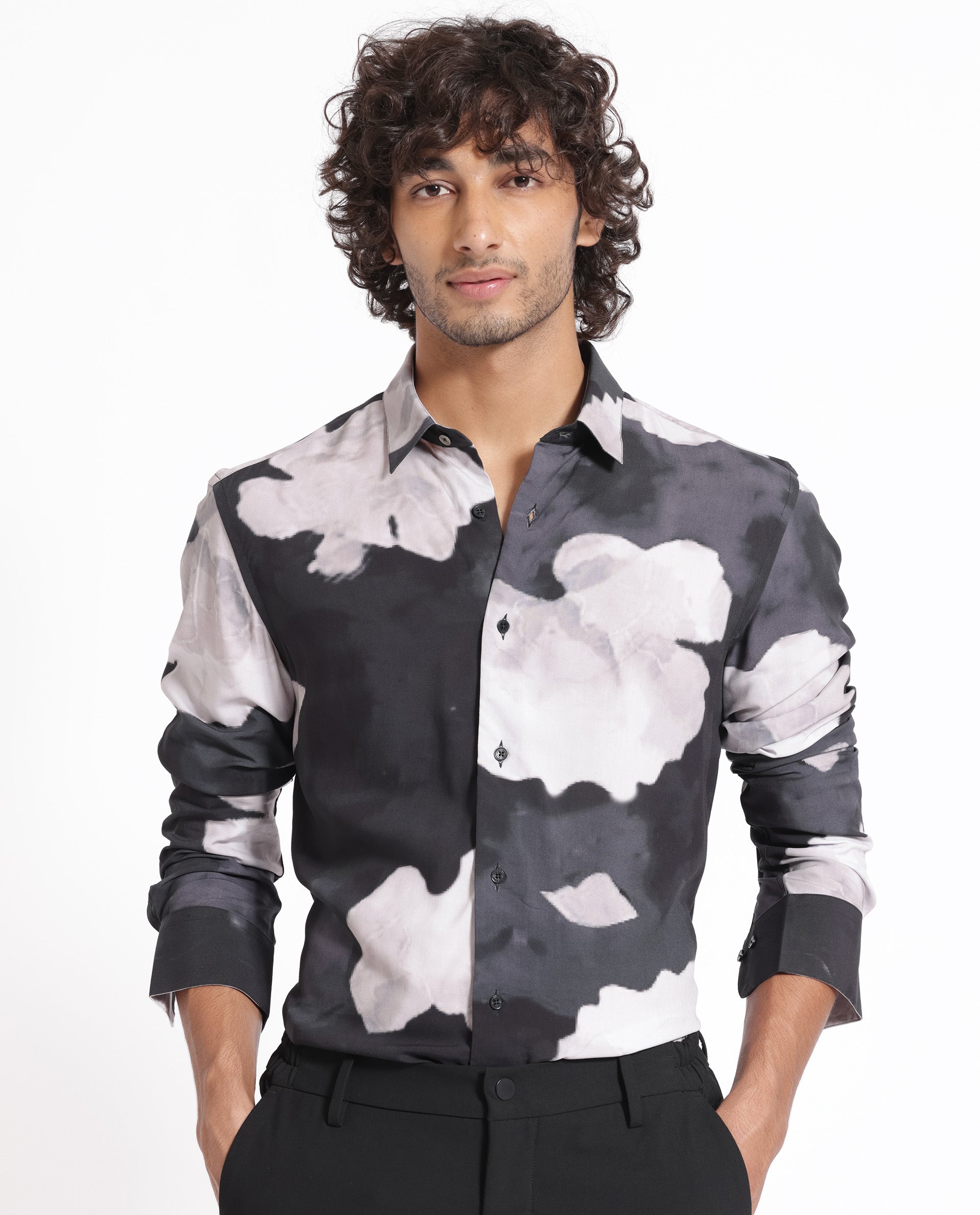 Rare Rabbit Men's Noten Black Viscose Fabric Floral Print Full Sleeves Shirt