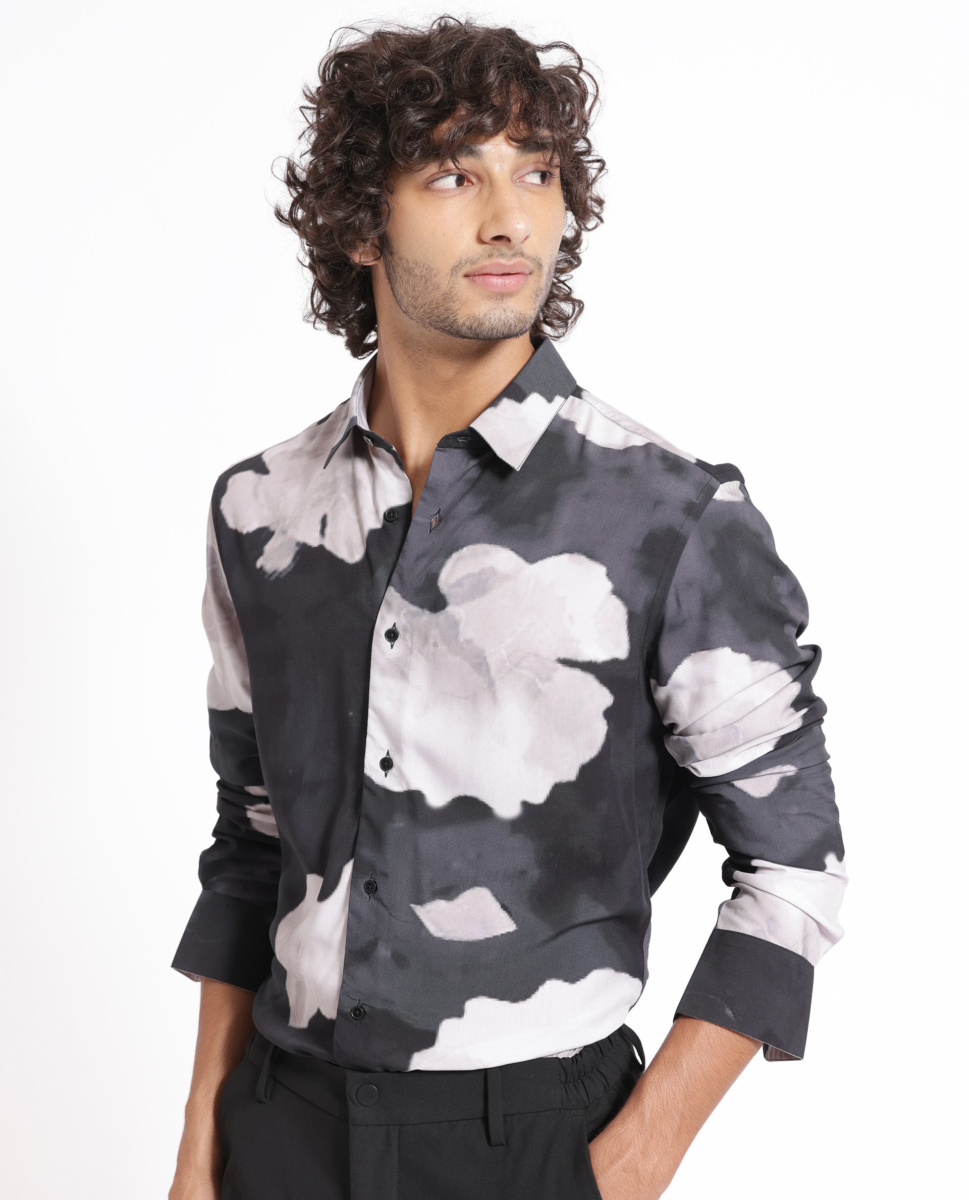 Rare Rabbit Men's Noten Black Viscose Fabric Floral Print Full Sleeves Shirt