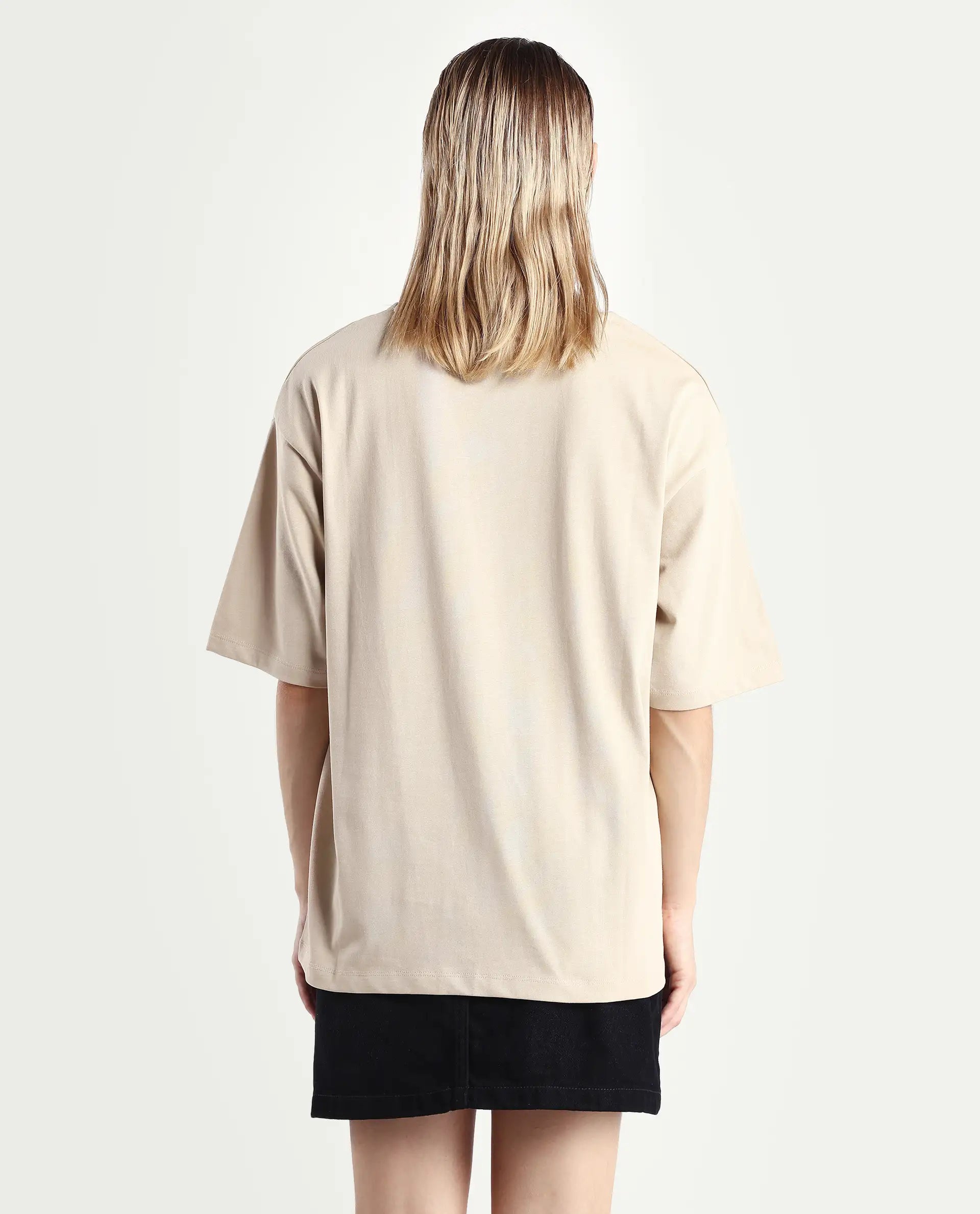 Rareism Women's Nouv Beige Cotton Crew Neck Oversized Fit T-Shirt Oversize