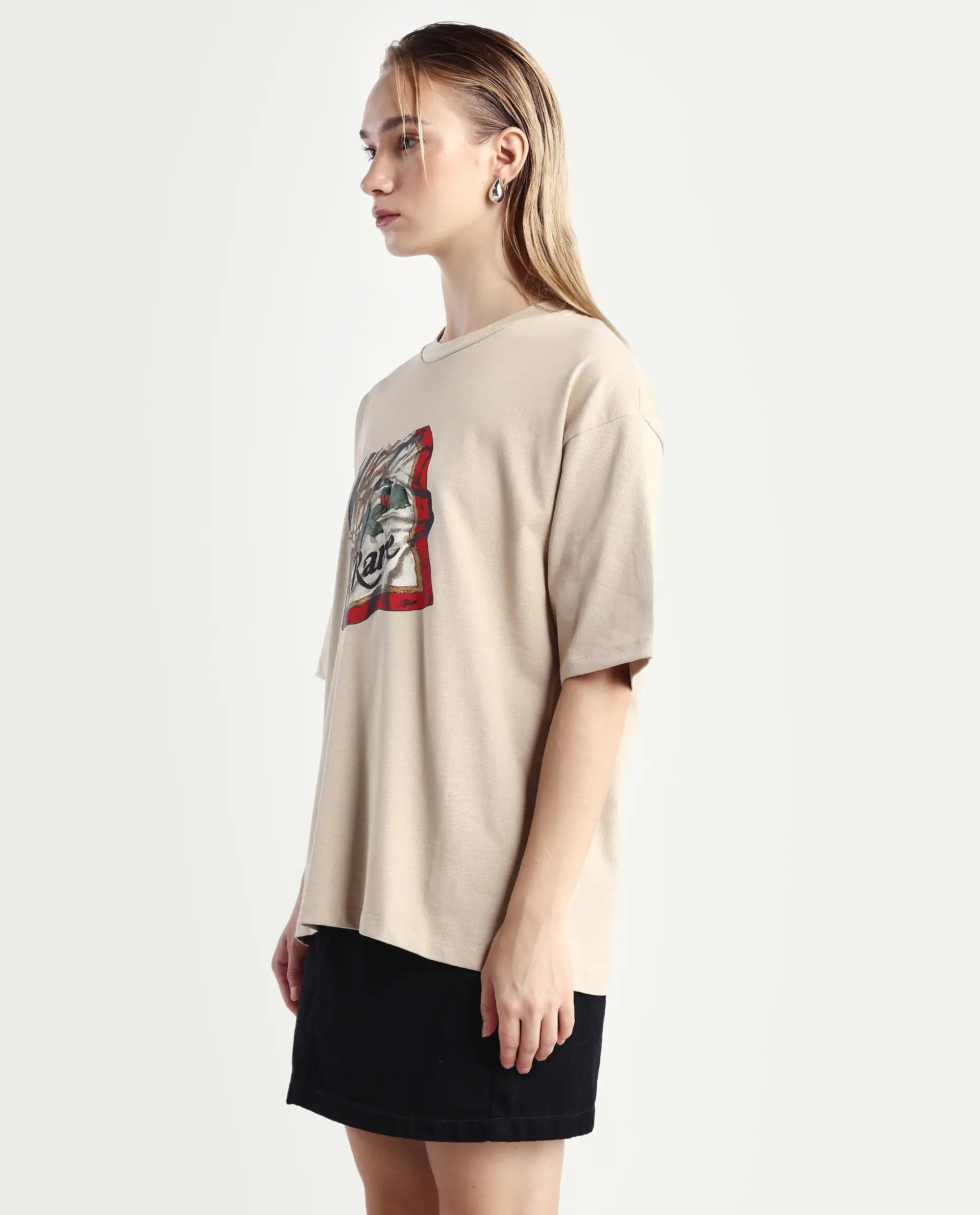 Rareism Women's Nouv Beige Cotton Crew Neck Oversized Fit T-Shirt Oversize