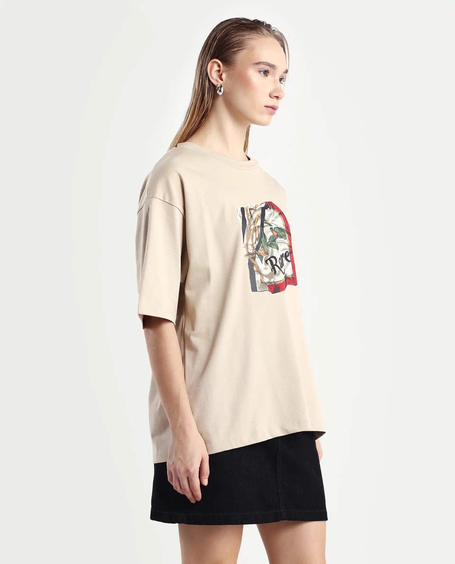 Rareism Women's Nouv Beige Cotton Crew Neck Oversized Fit T-Shirt Oversize