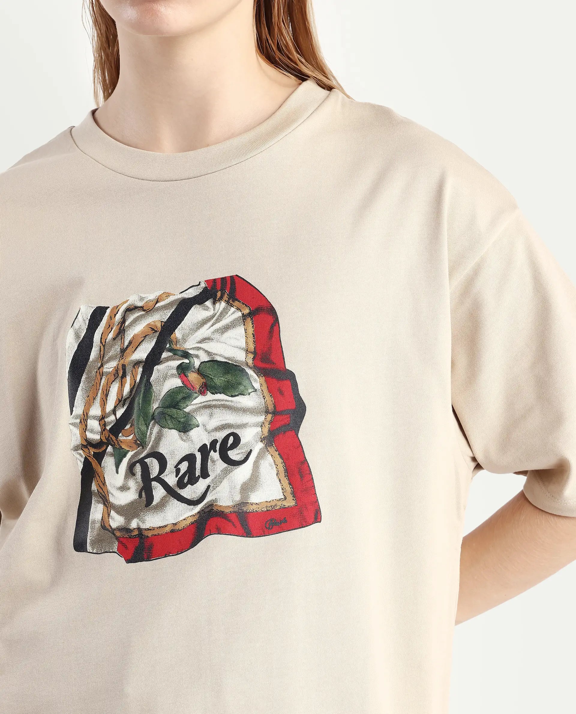 Rareism Women's Nouv Beige Cotton Crew Neck Oversized Fit T-Shirt Oversize