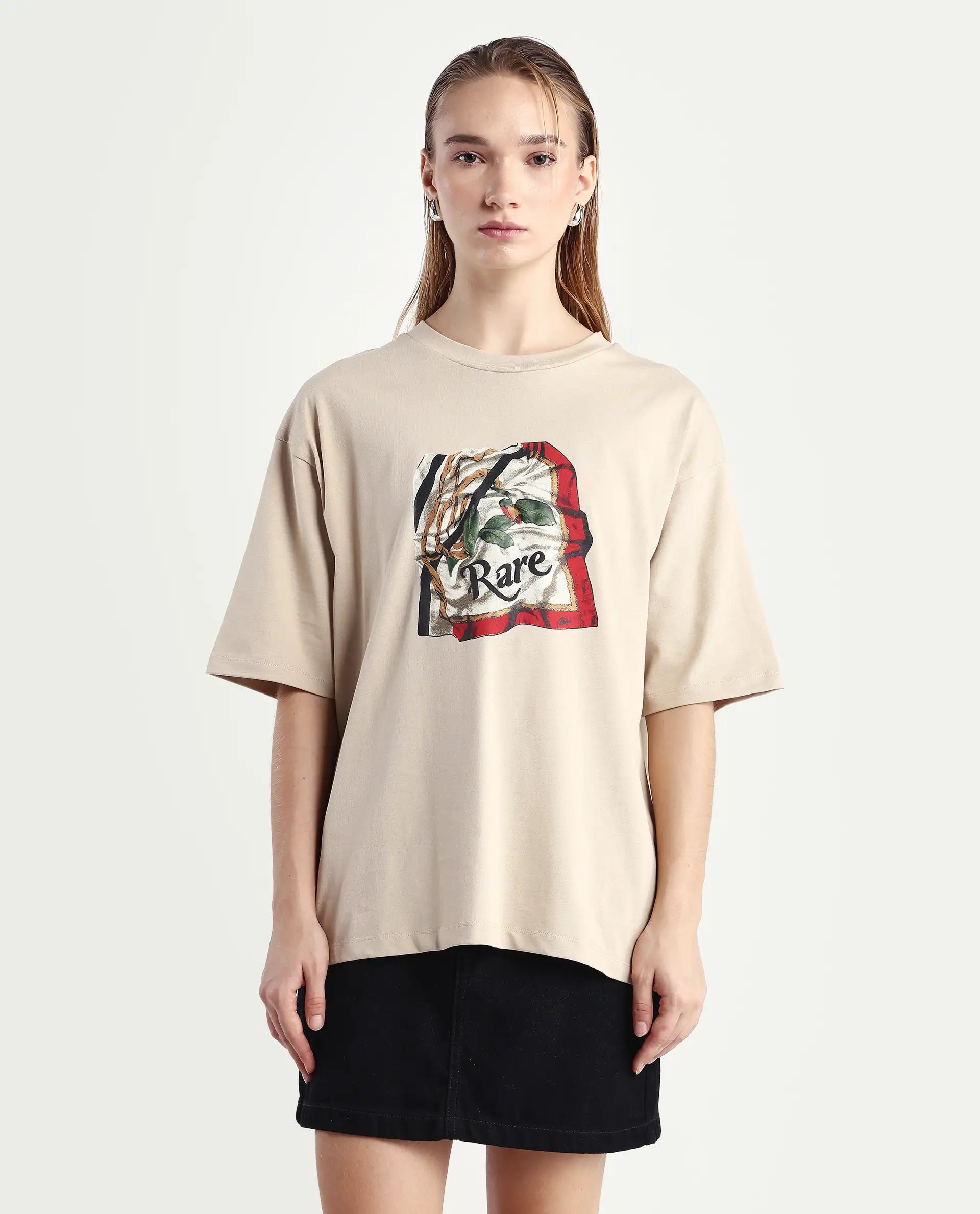 Rareism Women's Nouv Beige Cotton Crew Neck Oversized Fit T-Shirt Oversize