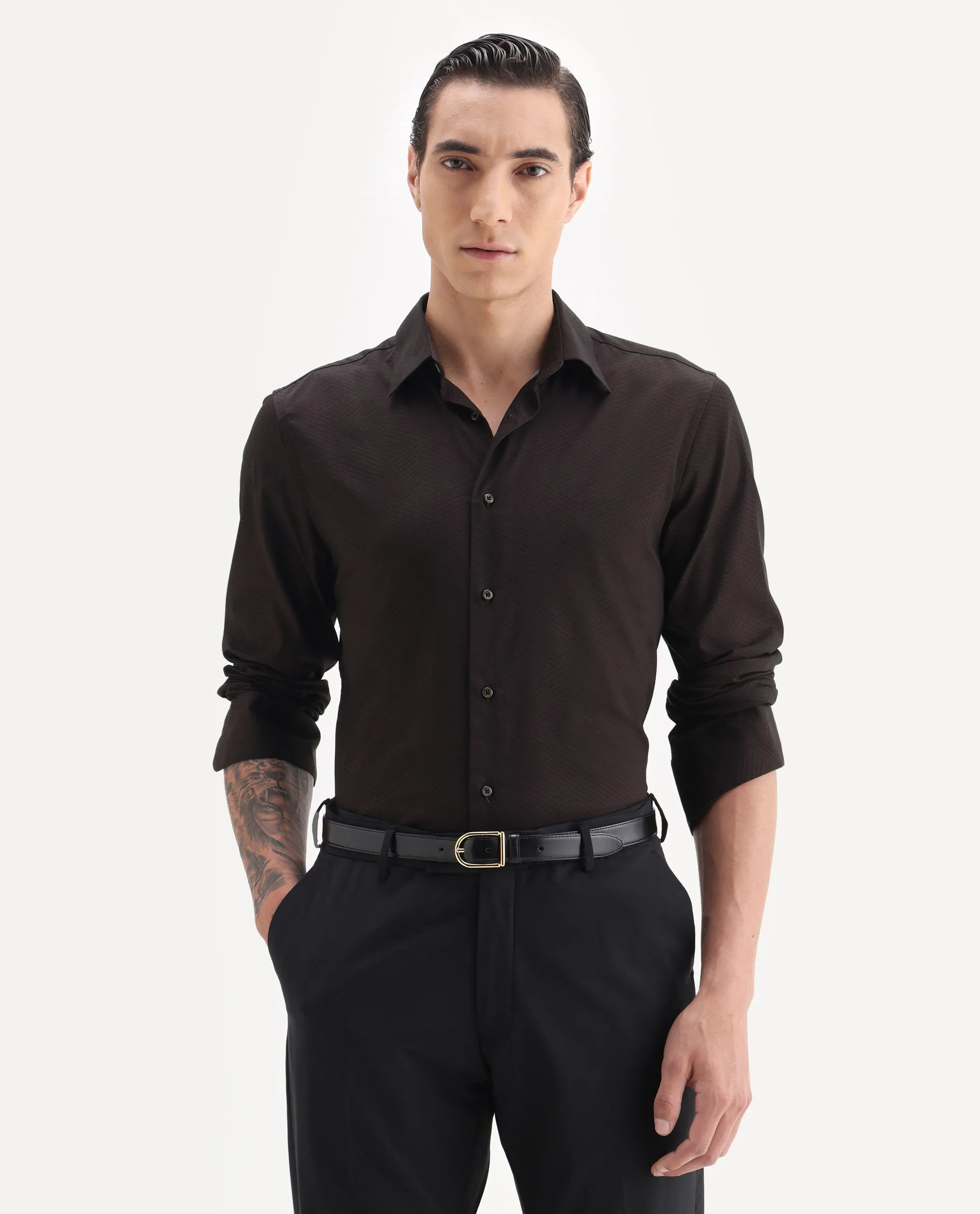 Rare Rabbit Men's Nova Dark Maroon Cotton Fabric Full Sleeve Collared Neck Geometric Print Shirt