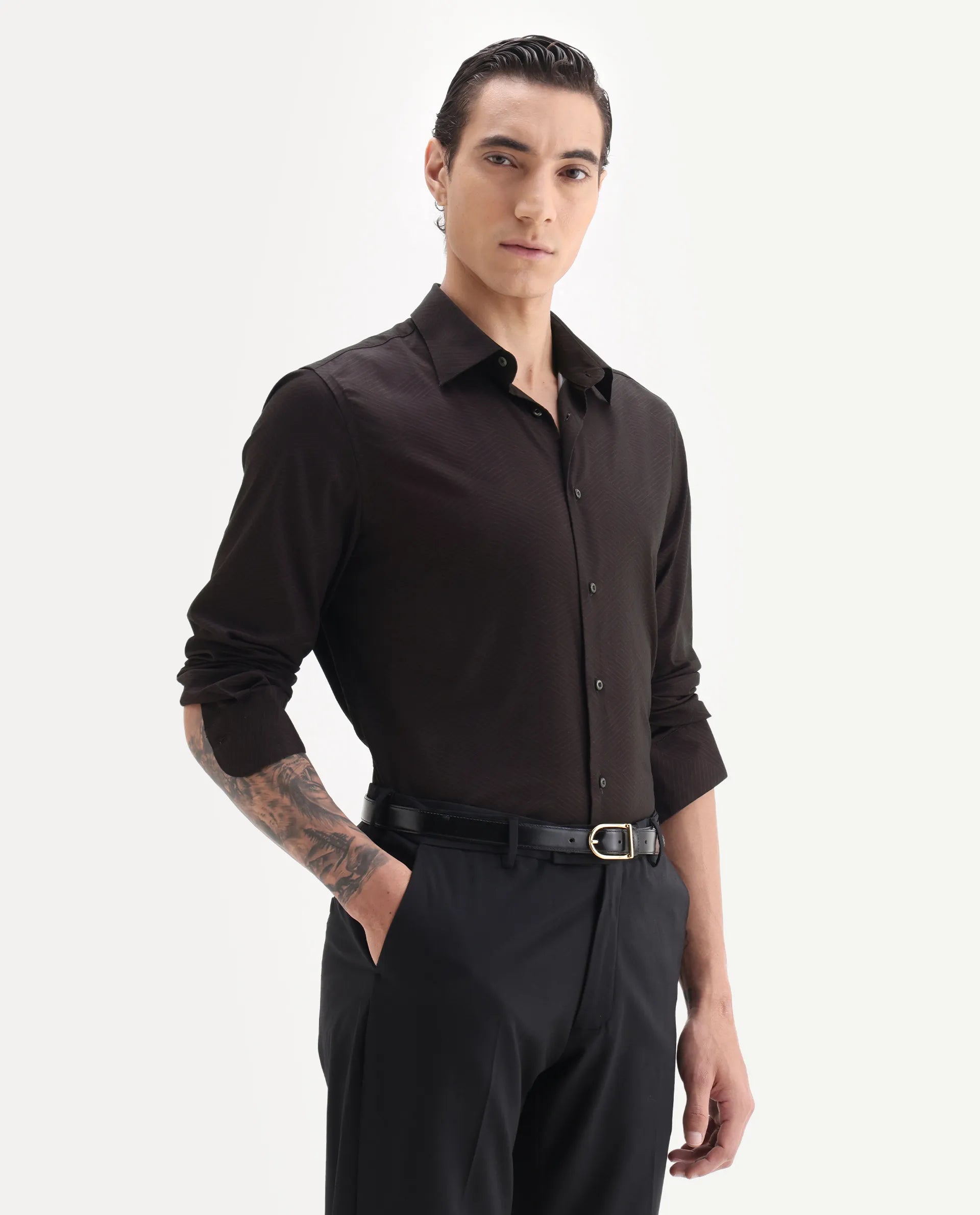Rare Rabbit Men's Nova Dark Maroon Cotton Fabric Full Sleeve Collared Neck Geometric Print Shirt
