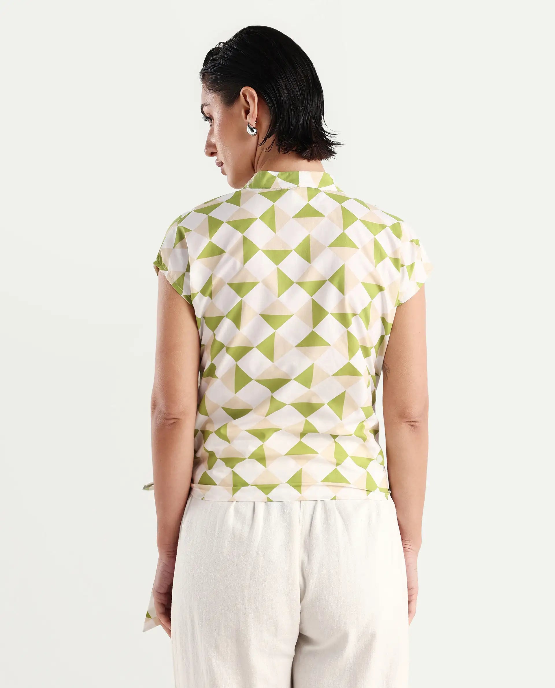 Rareism Women's Novarna Light Green Cotton Overlap Neck Geometric Print Extended Sleeves Regular Fit Top