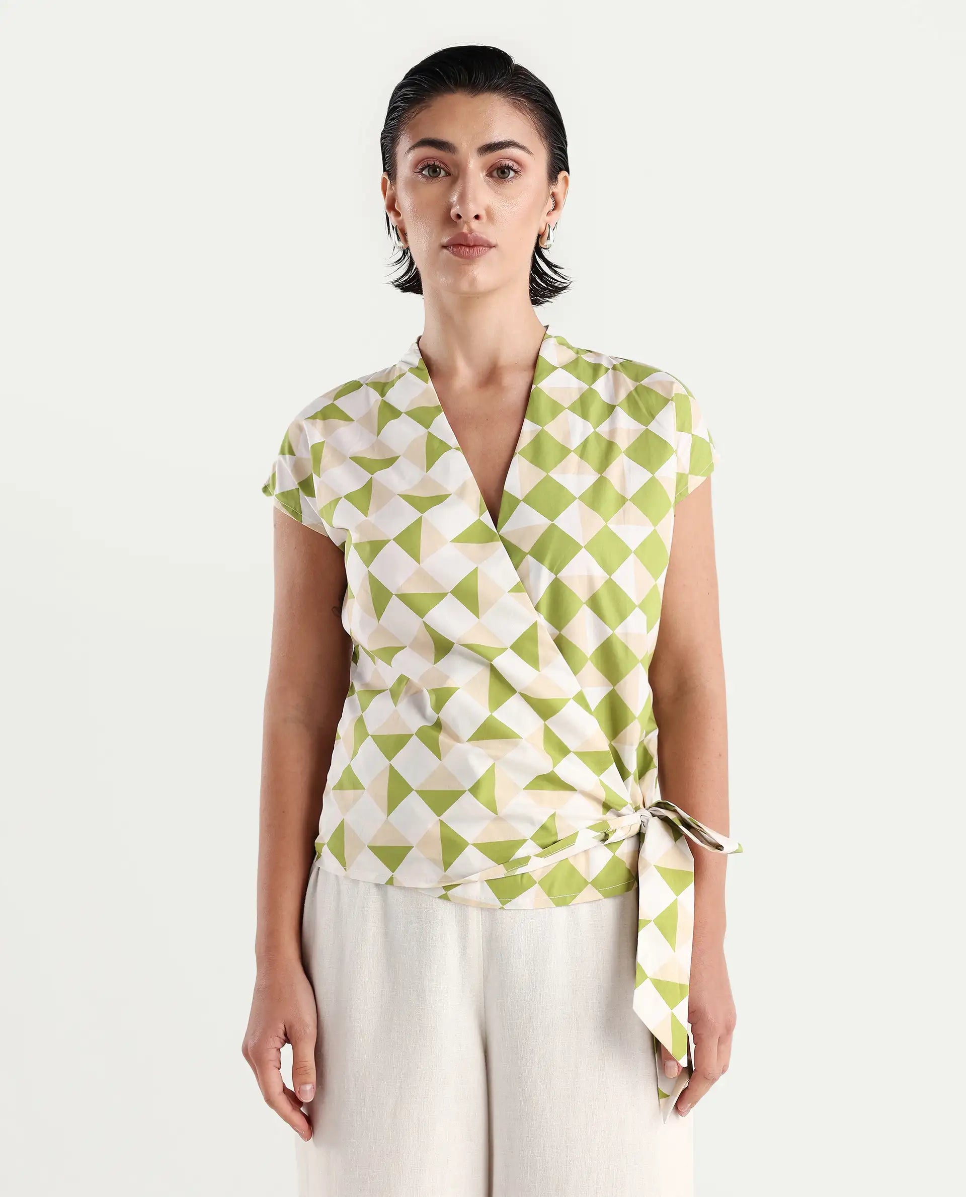 Rareism Women's Novarna Light Green Cotton Overlap Neck Geometric Print Extended Sleeves Regular Fit Top