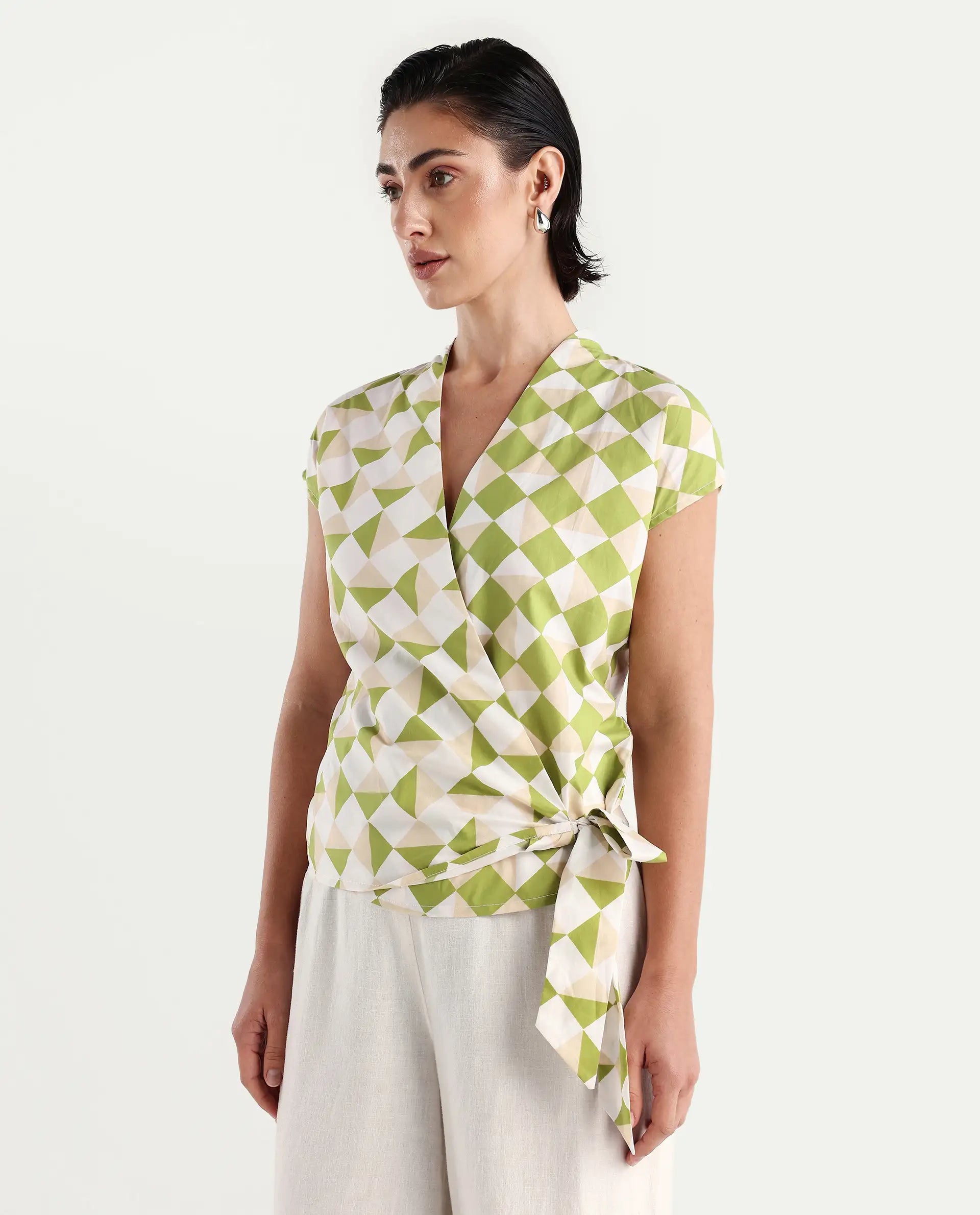 Rareism Women's Novarna Light Green Cotton Overlap Neck Geometric Print Extended Sleeves Regular Fit Top