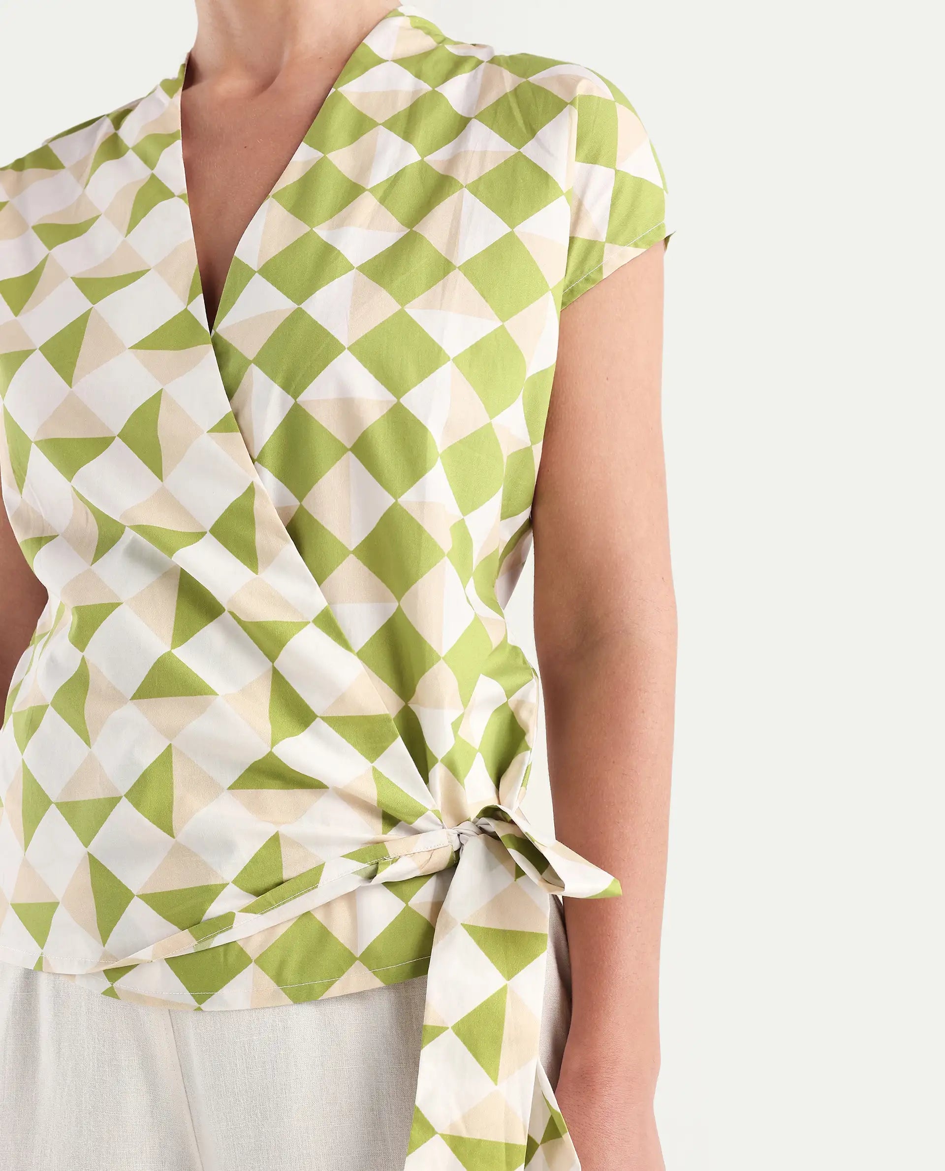 Rareism Women's Novarna Light Green Cotton Overlap Neck Geometric Print Extended Sleeves Regular Fit Top