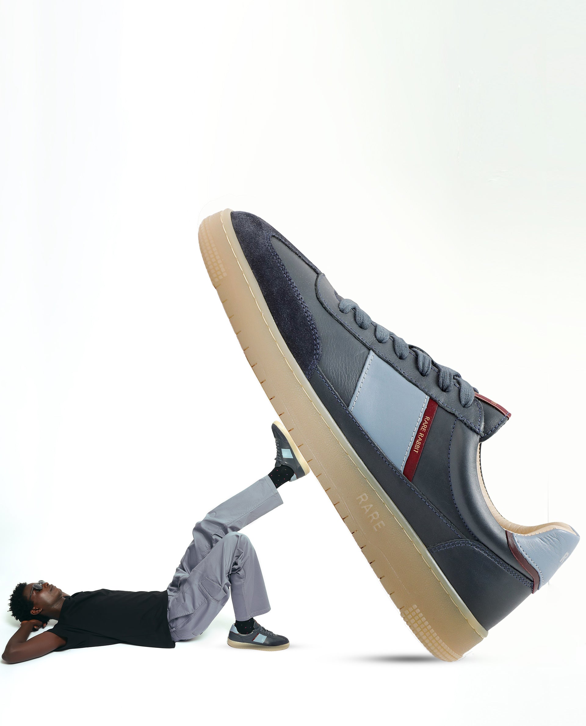 Rare Rabbit Men's Sirius Blue Leather Upper Round Toe Low-Top Lace-Up Sneaker Shoes