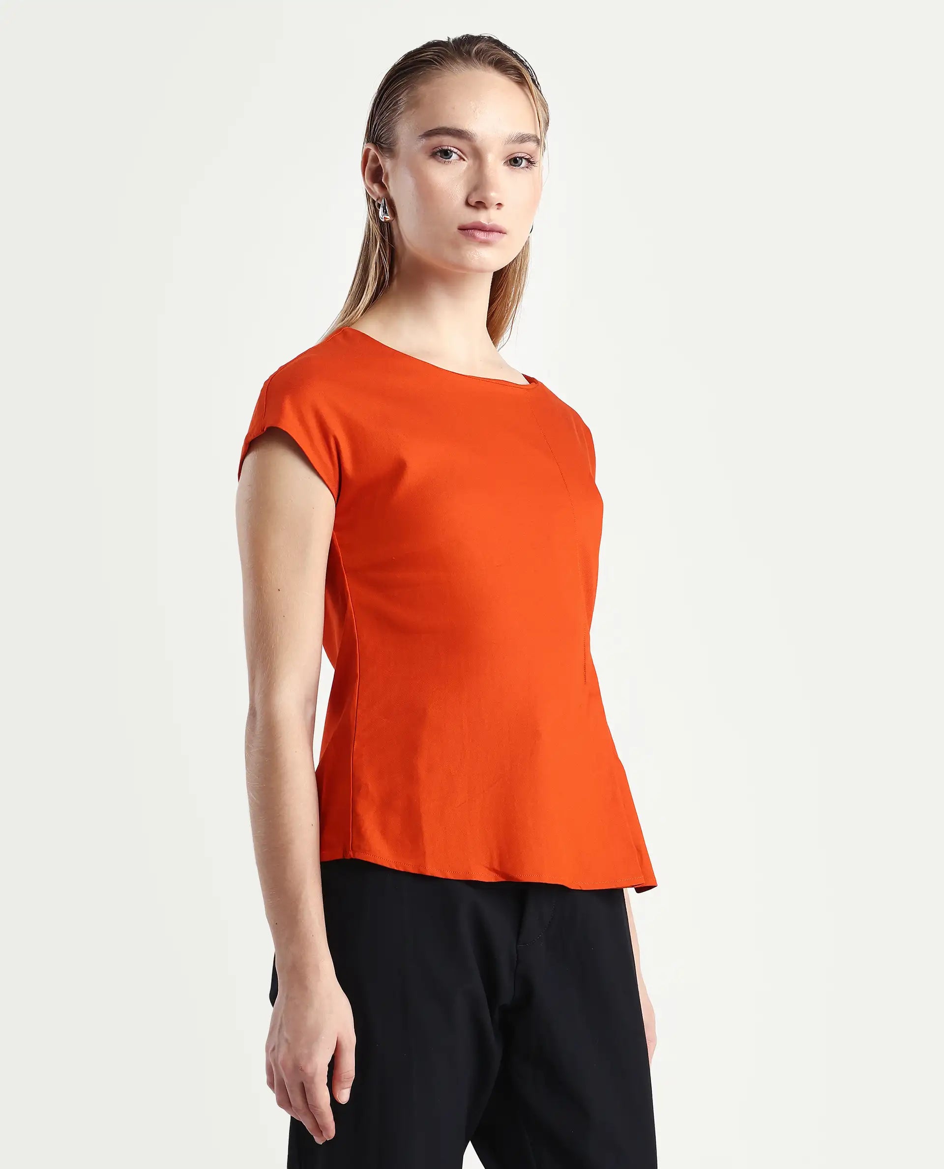 Rareism Women's Nrob Orange Viscose Blend Crew Neck Plain Extended Sleeves Regular Fit Top
