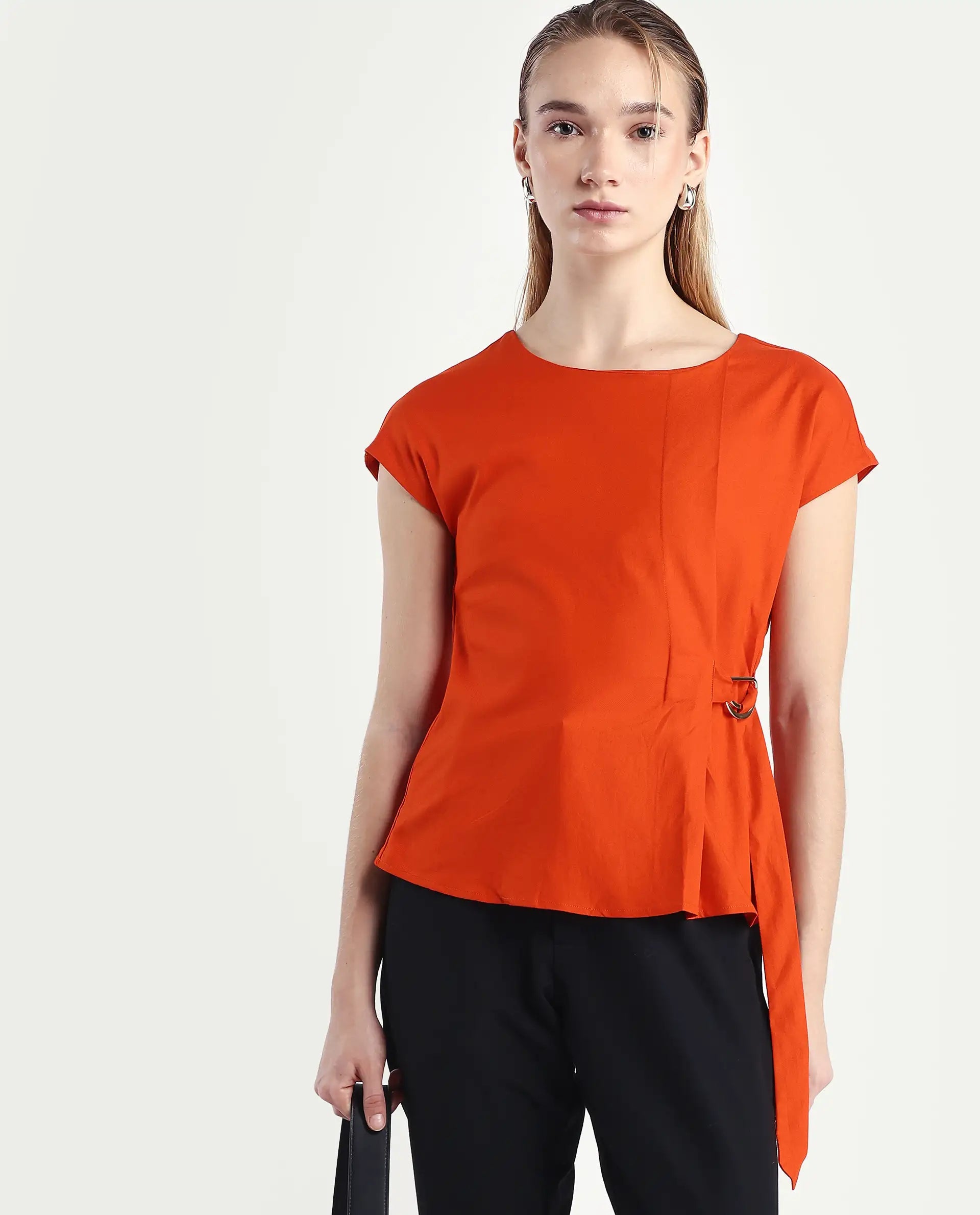 Rareism Women's Nrob Orange Viscose Blend Crew Neck Plain Extended Sleeves Regular Fit Top