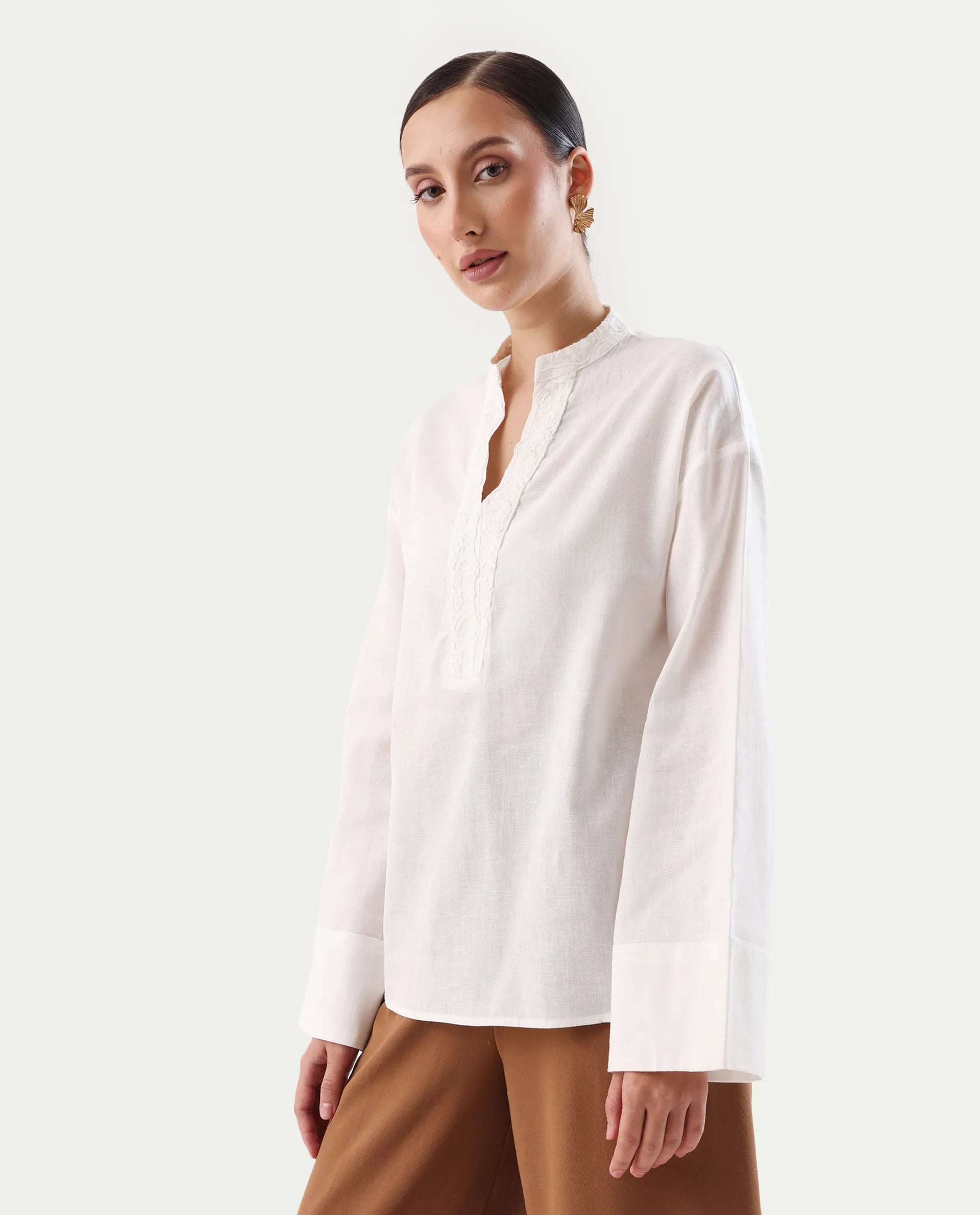 Rareism Women's Nubank Off White Cotton Blend Mandarin Collar Regular Fit Plain Top