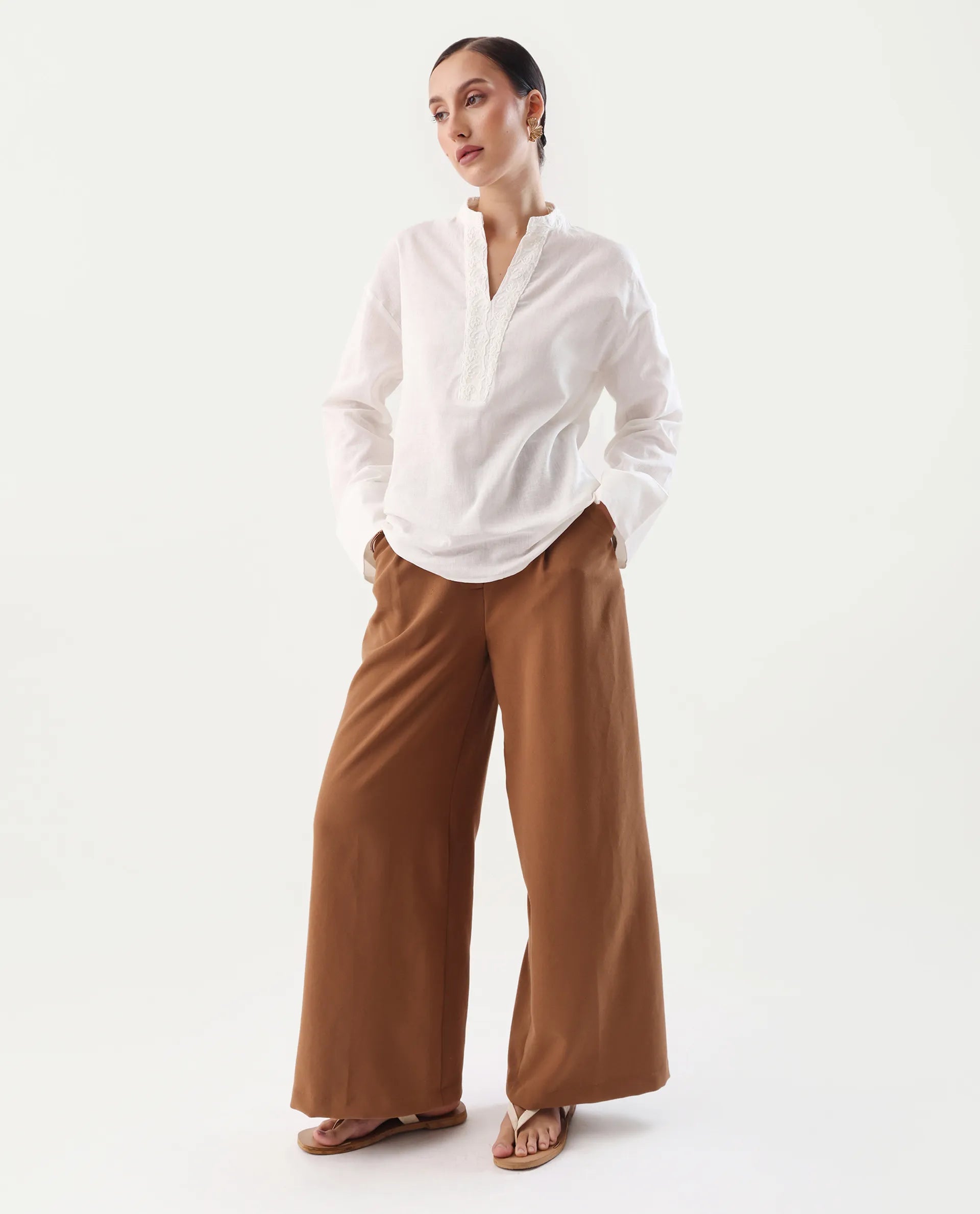 Rareism Women's Nubank Off White Cotton Blend Mandarin Collar Regular Fit Plain Top