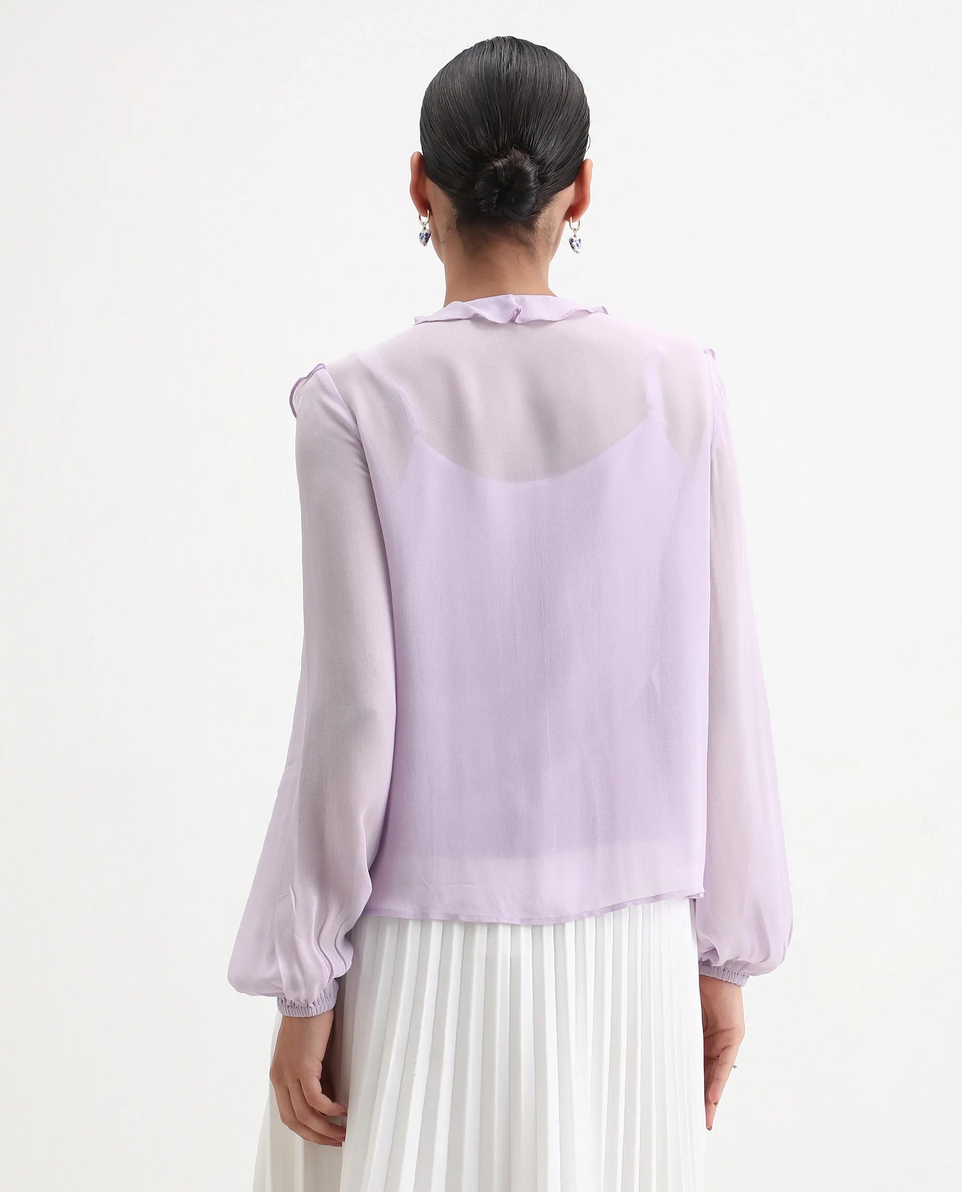 Rareism Women's Nubin Pastel Purple Polyester Bishop Sleeve Ruffled Neck Regular Fit Plain Top