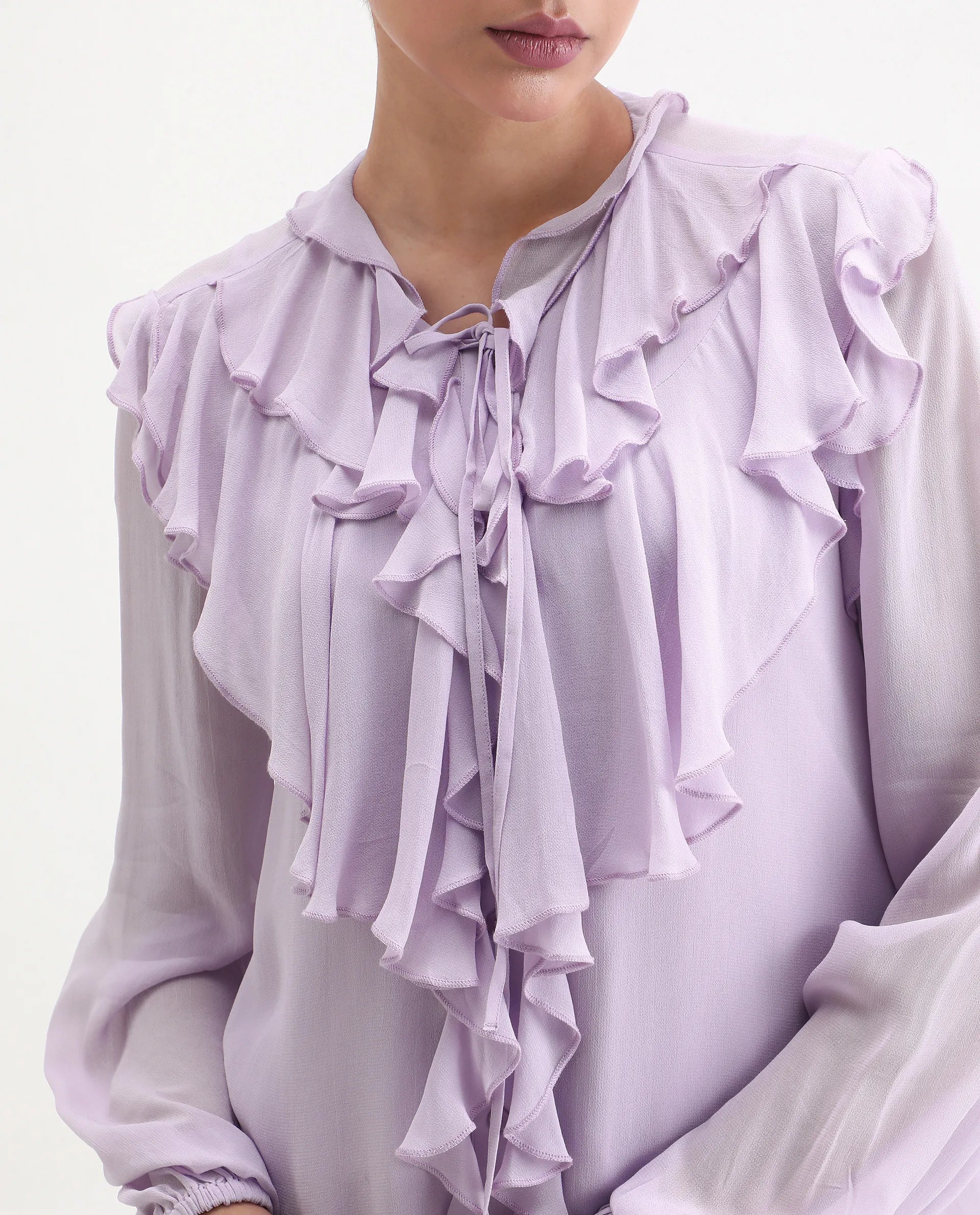 Rareism Women's Nubin Pastel Purple Polyester Bishop Sleeve Ruffled Neck Regular Fit Plain Top