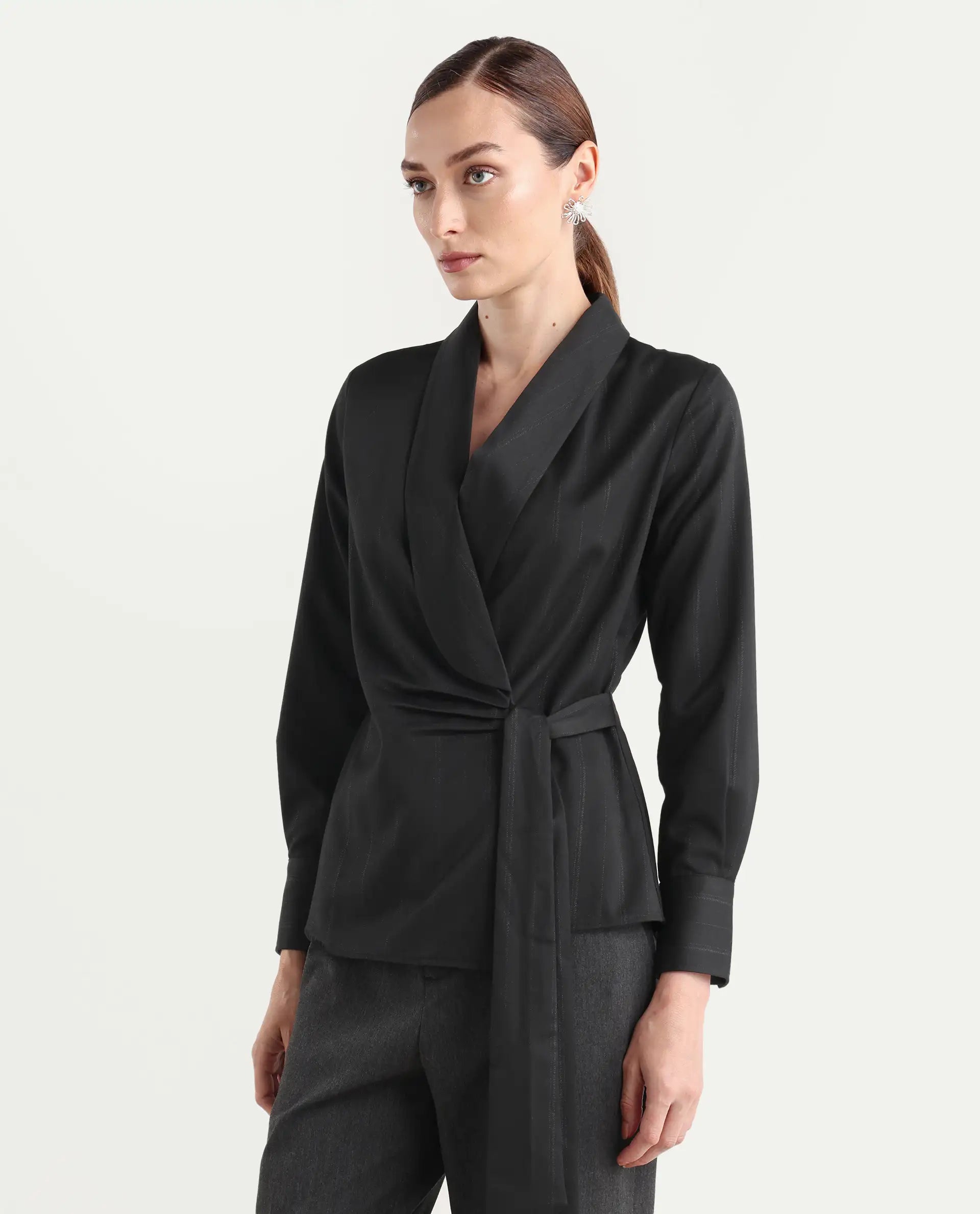 Rareism Women Nublin Black Cuffed Sleeve Lapel Neck Tie-Up Closure Plain Top