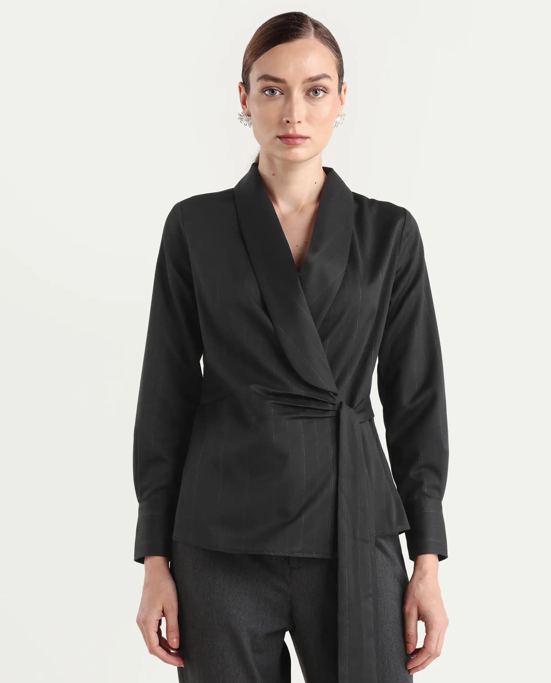 Rareism Women Nublin Black Cuffed Sleeve Lapel Neck Tie-Up Closure Plain Top