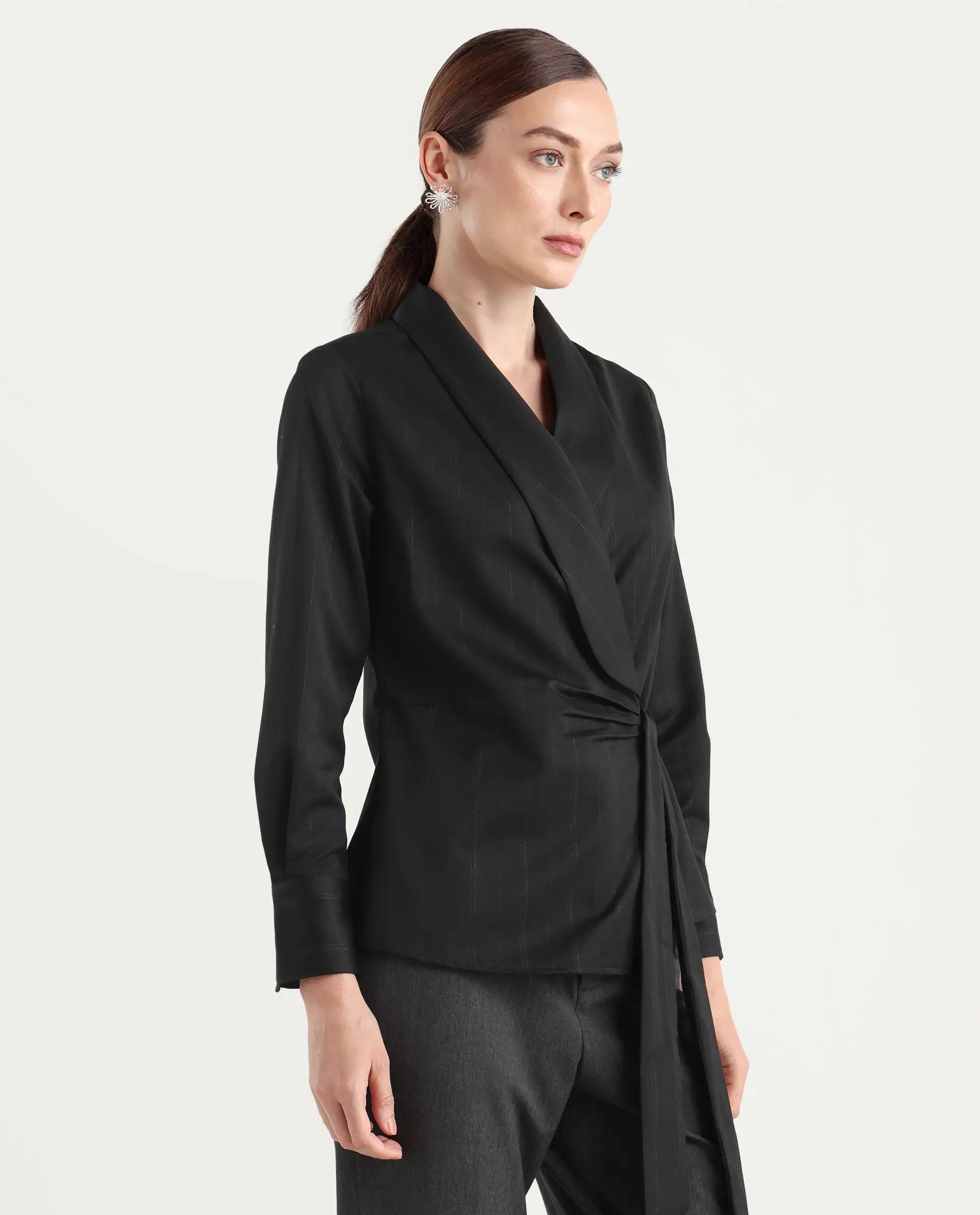 Rareism Women Nublin Black Cuffed Sleeve Lapel Neck Tie-Up Closure Plain Top