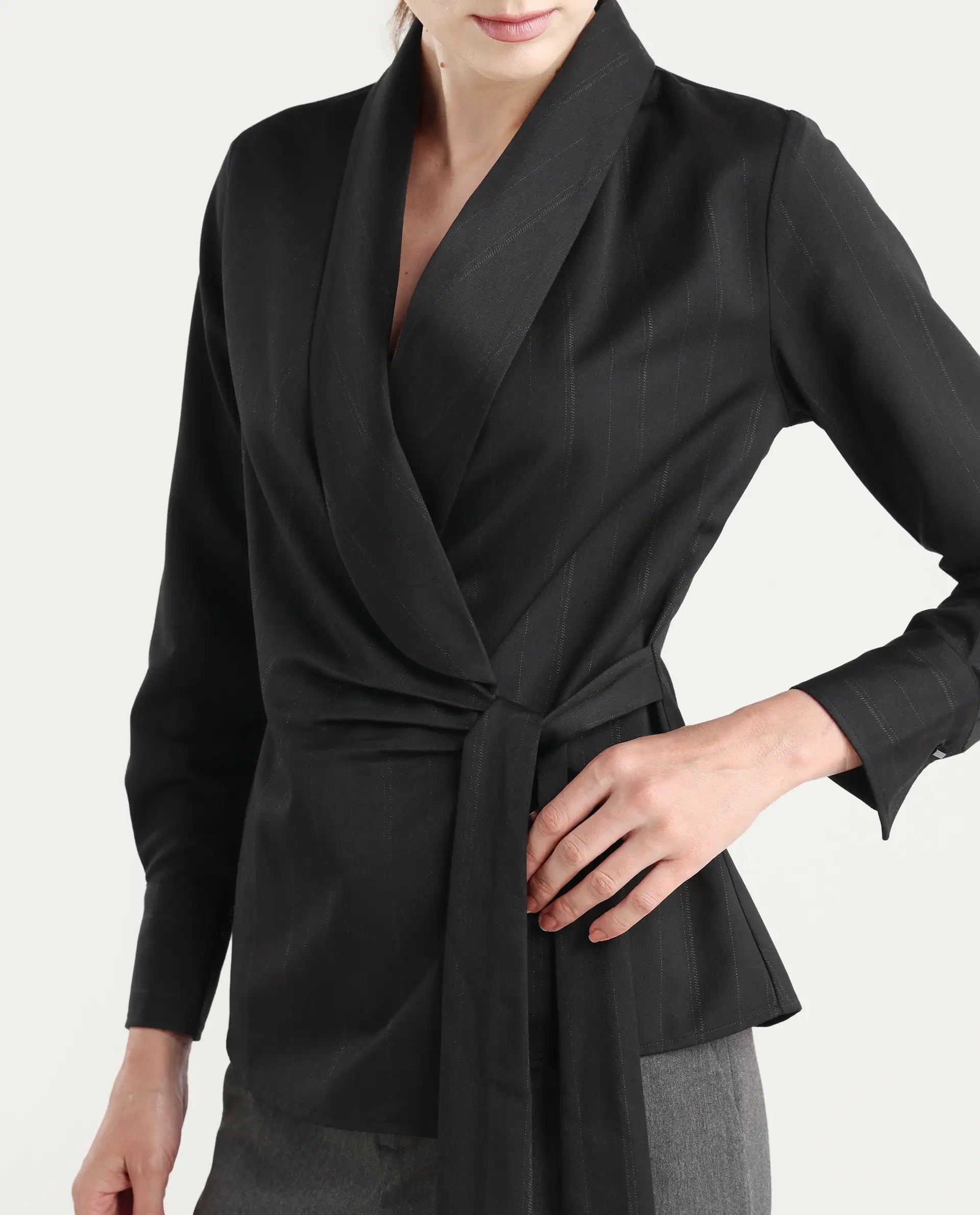 Rareism Women Nublin Black Cuffed Sleeve Lapel Neck Tie-Up Closure Plain Top